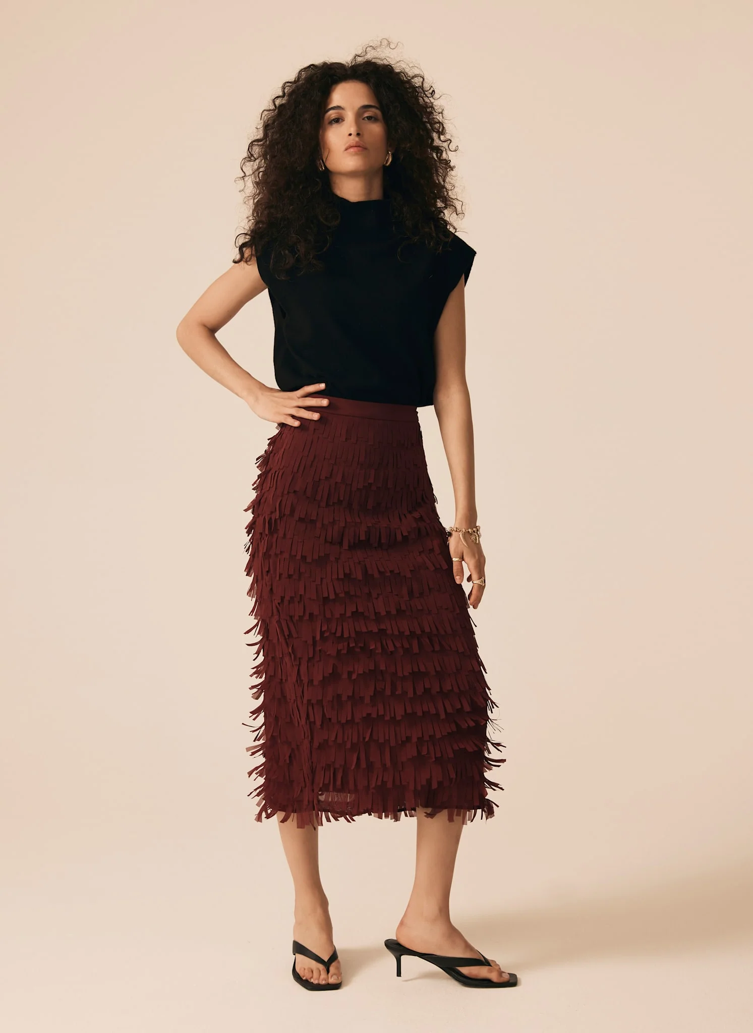 Burgundy Fringed Midi Skirt