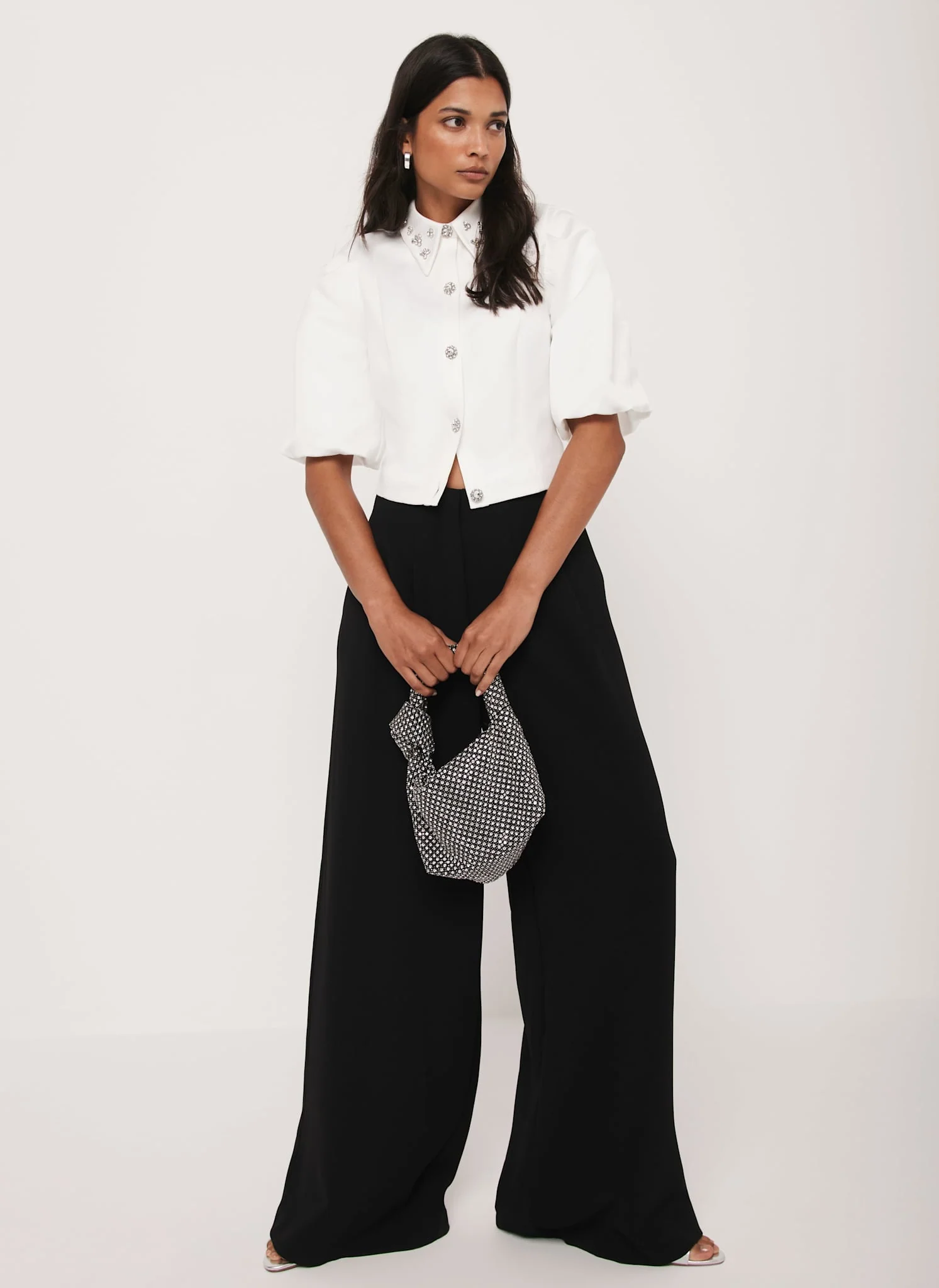 White Embellished Collar Cropped Shirt
