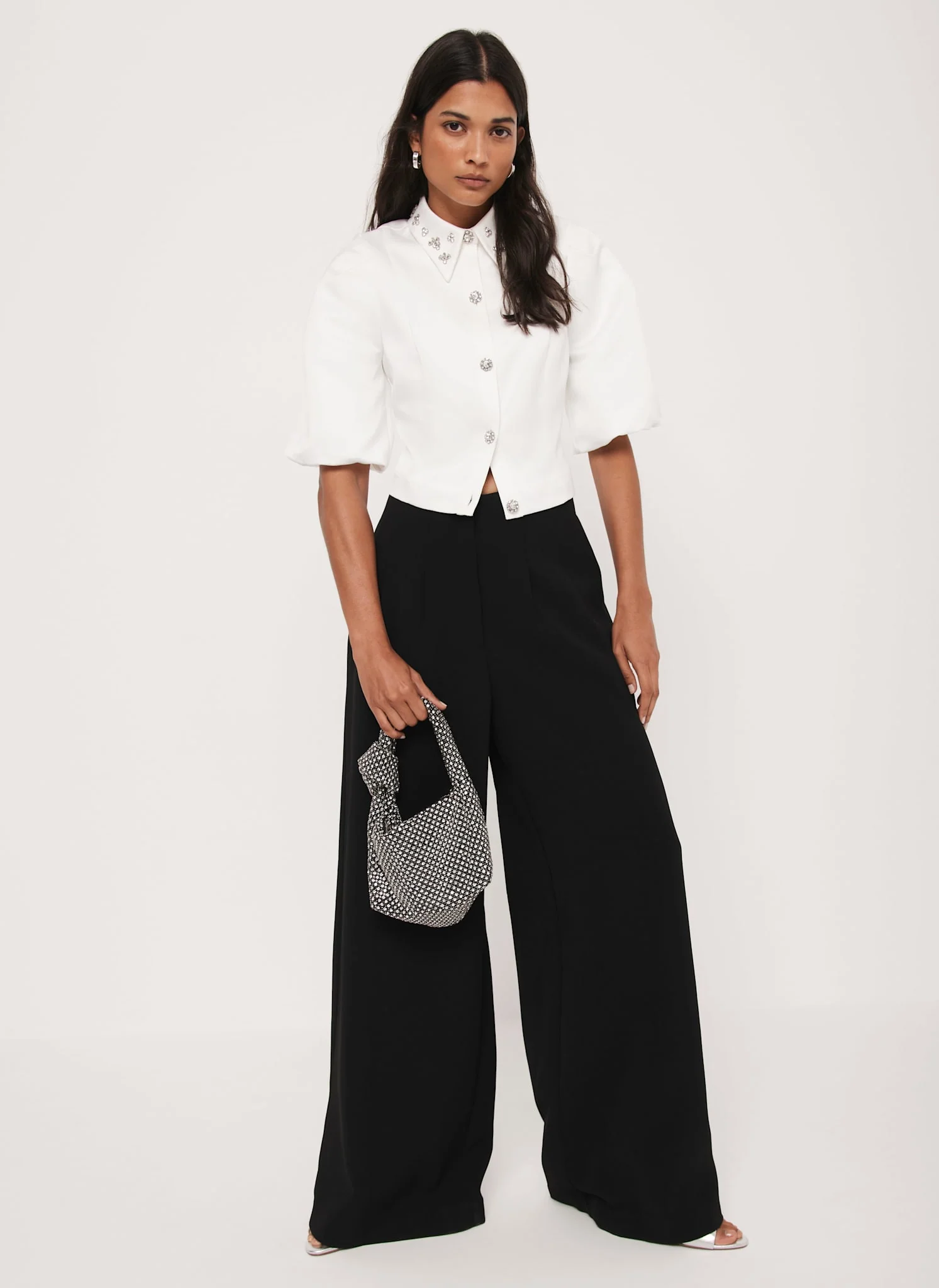 White Embellished Collar Cropped Shirt