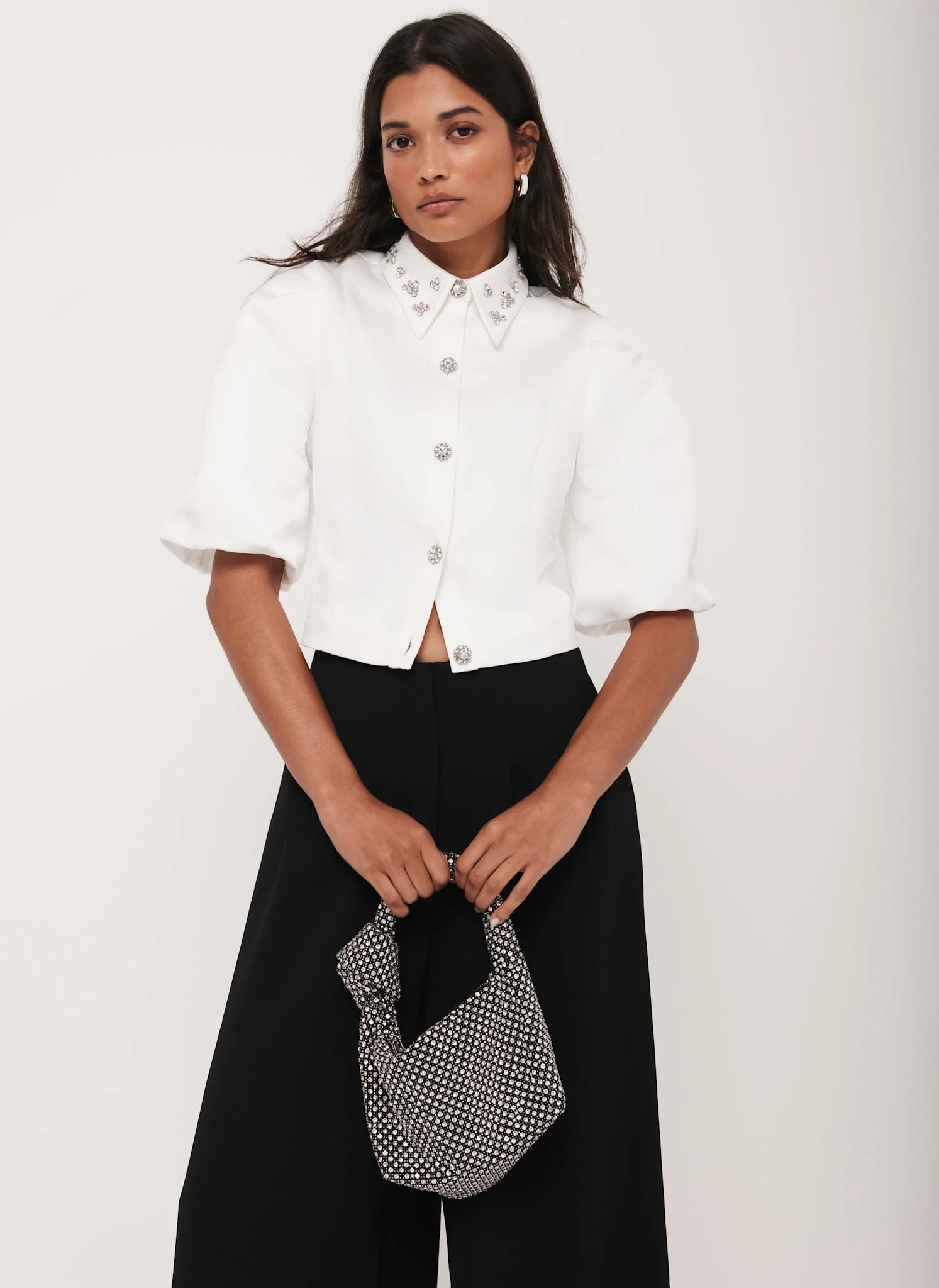 White Embellished Collar Cropped Shirt