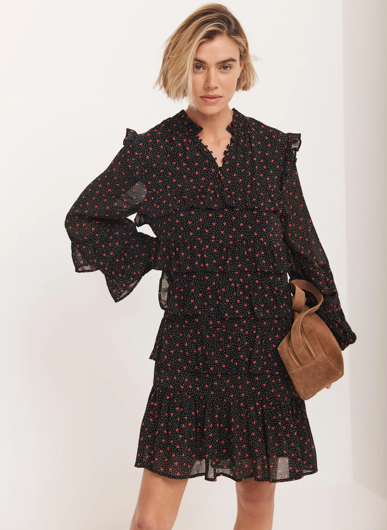 Black Heart Print Tiered Mini Dress