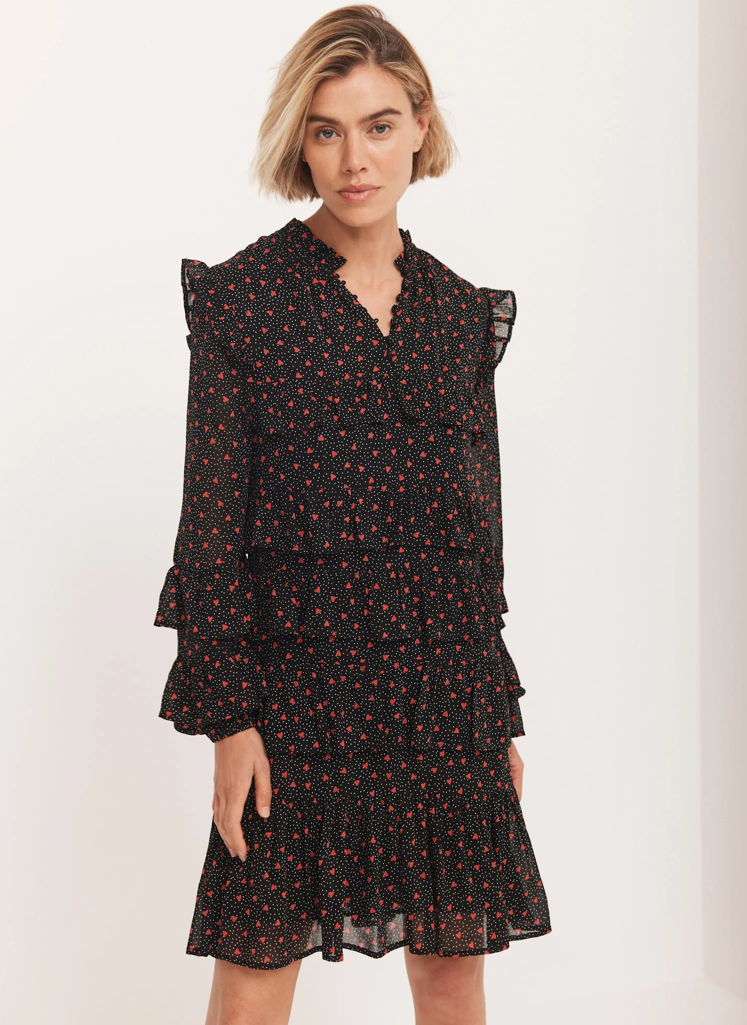Black Heart Print Tiered Mini Dress