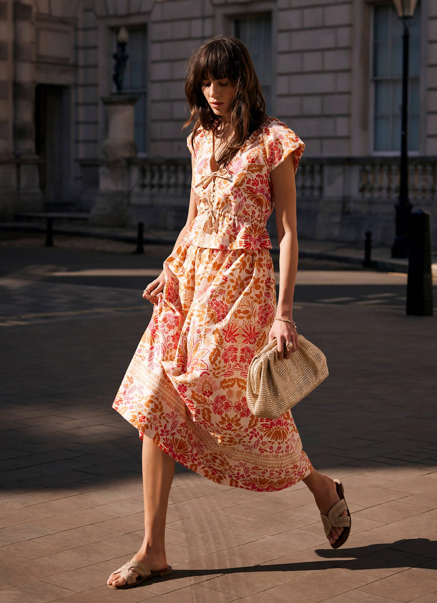 Orange Floral Print Midi Skirt