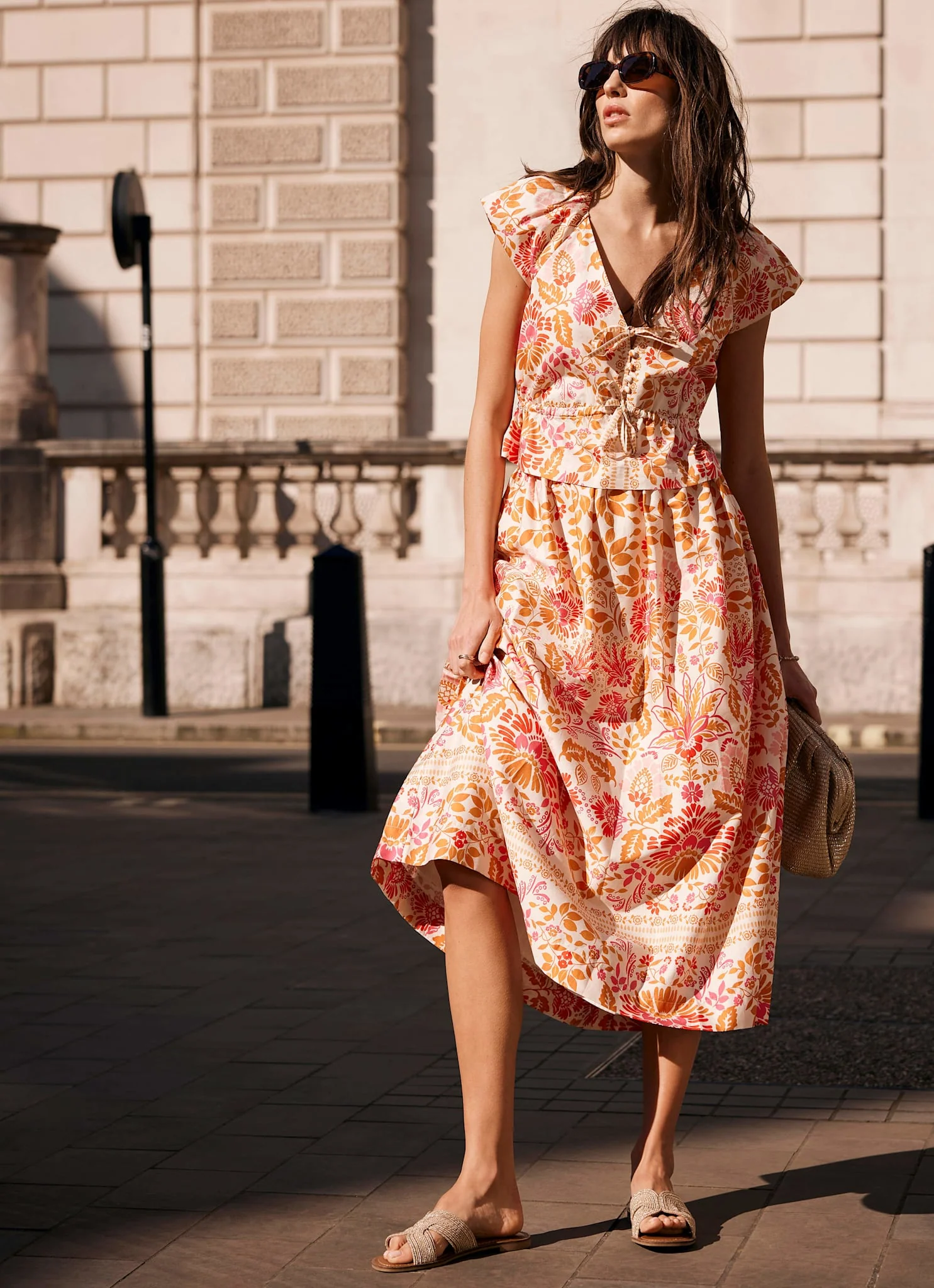 Orange Floral Print Midi Skirt