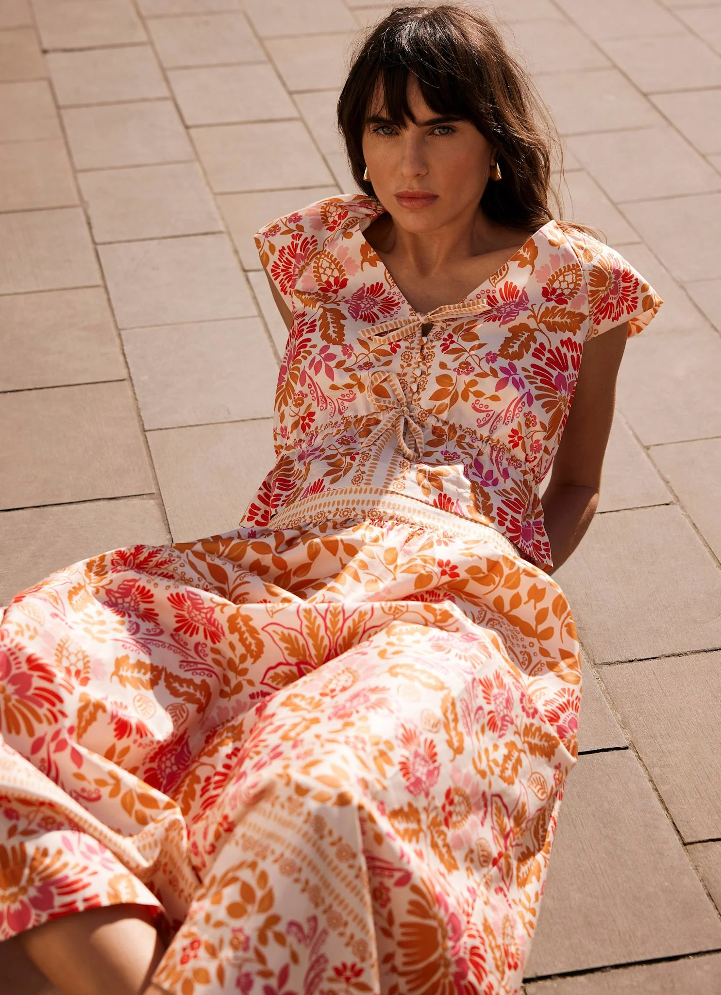 Orange Floral Print Midi Skirt