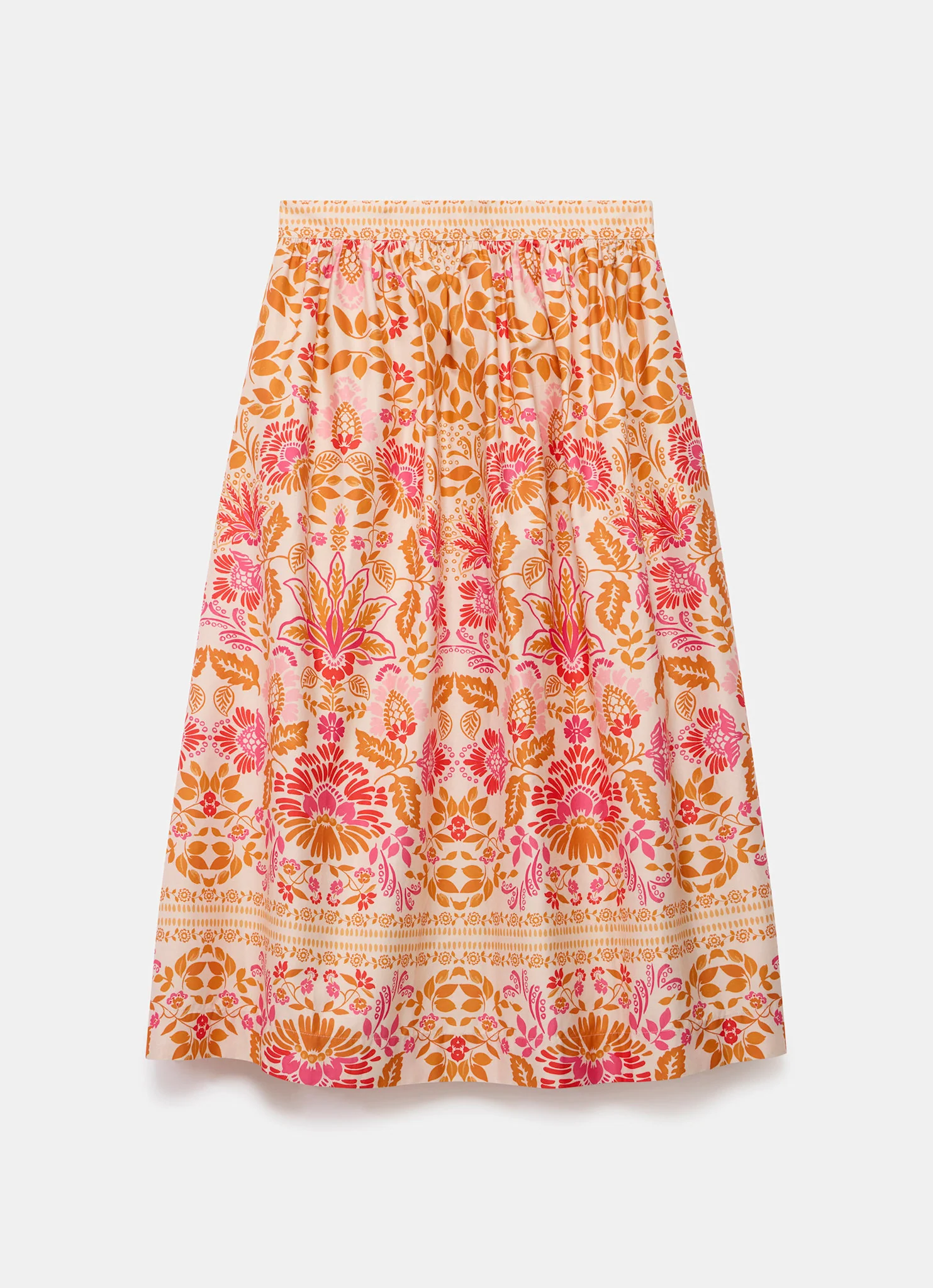 Orange Floral Print Midi Skirt