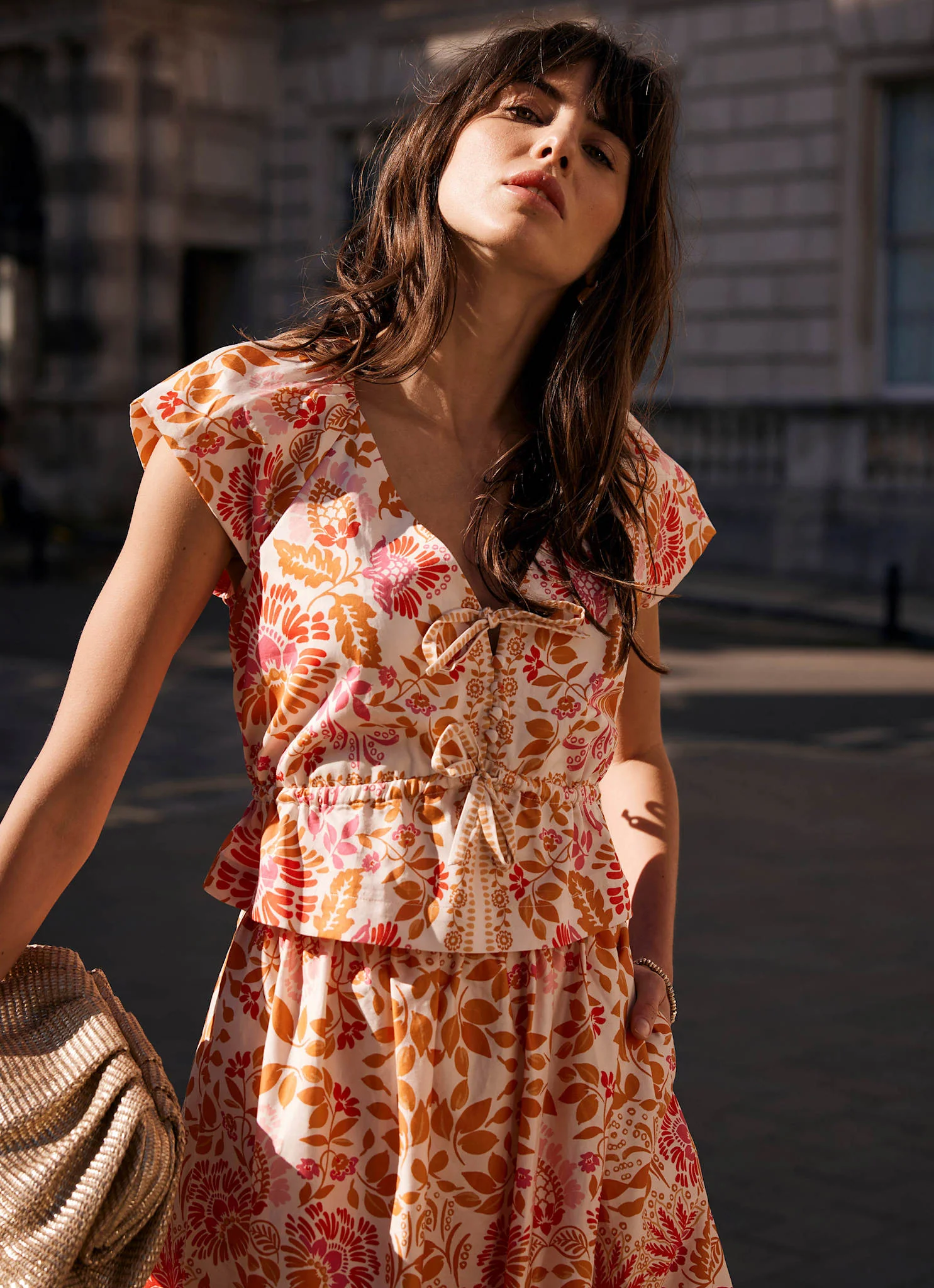 Orange Floral Print Tie Front Top