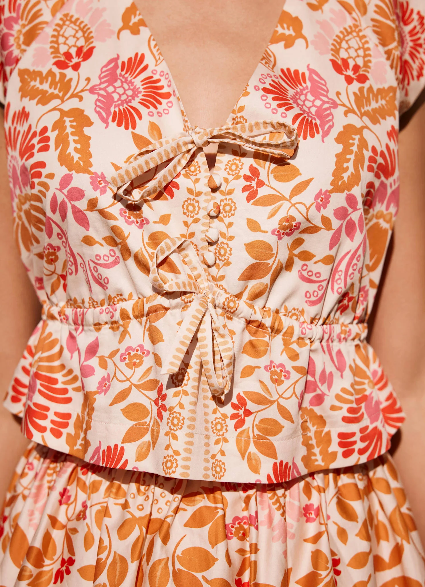 Orange Floral Print Tie Front Top