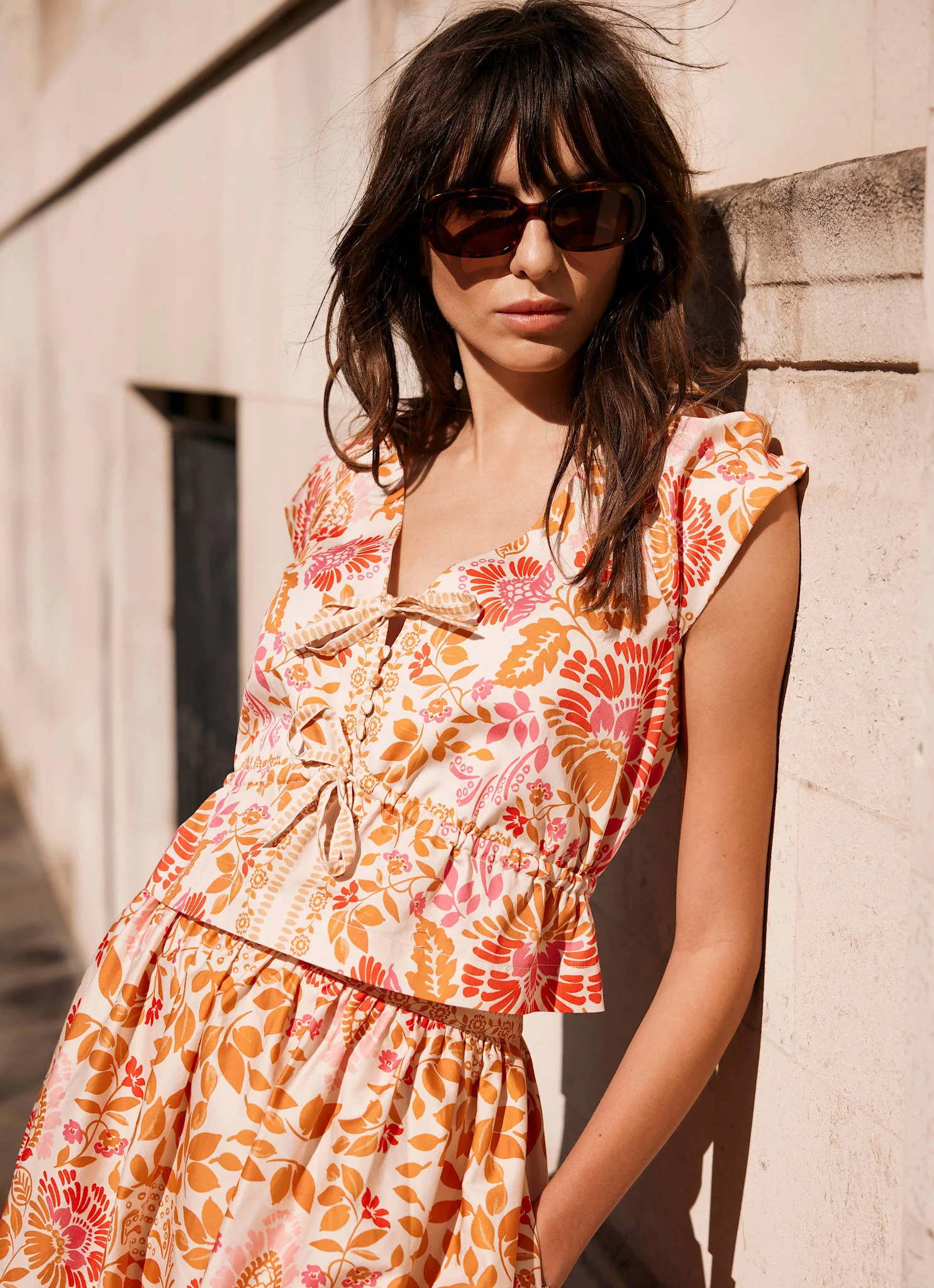 Orange Floral Print Tie Front Top