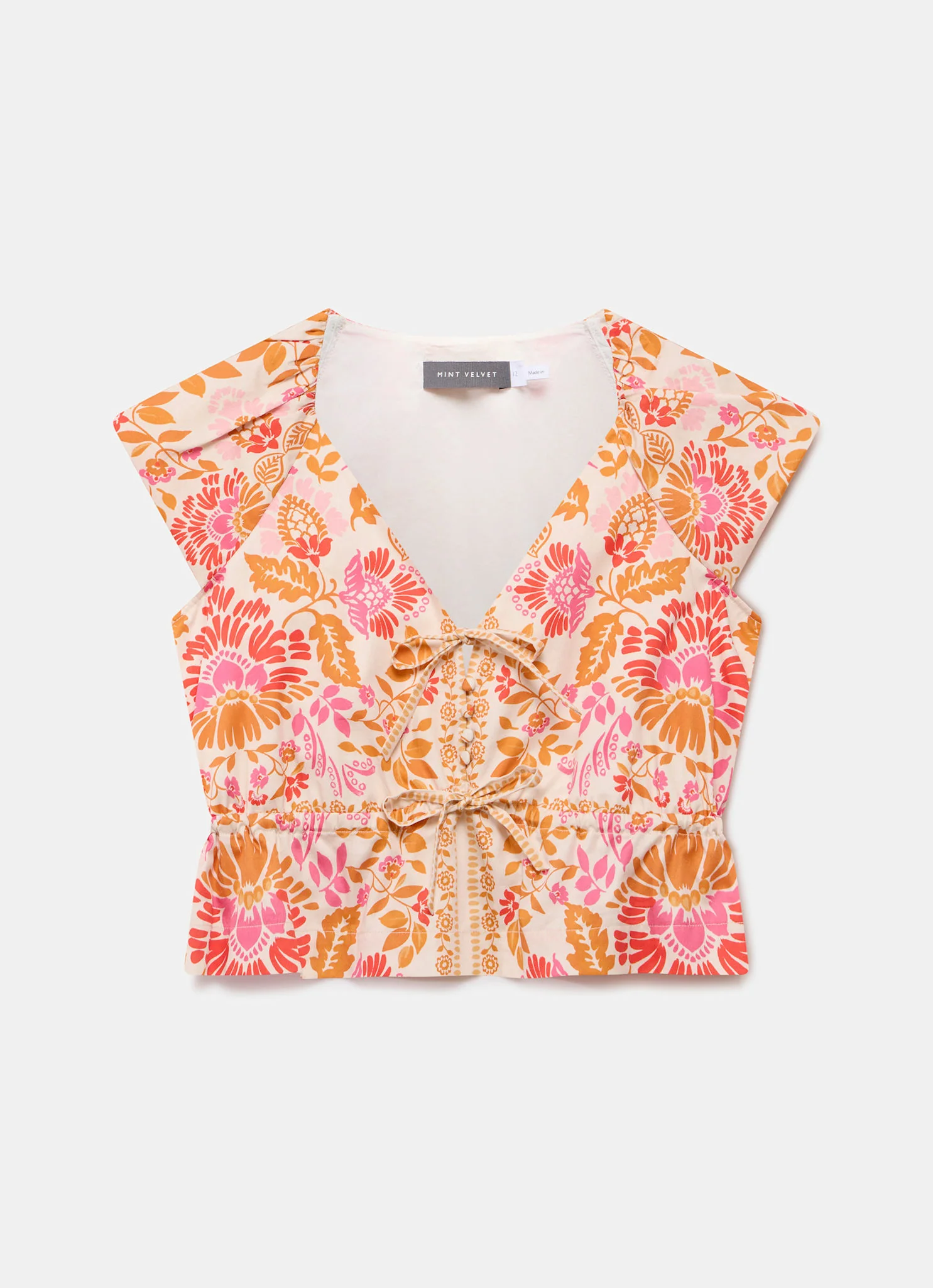 Orange Floral Print Tie Front Top