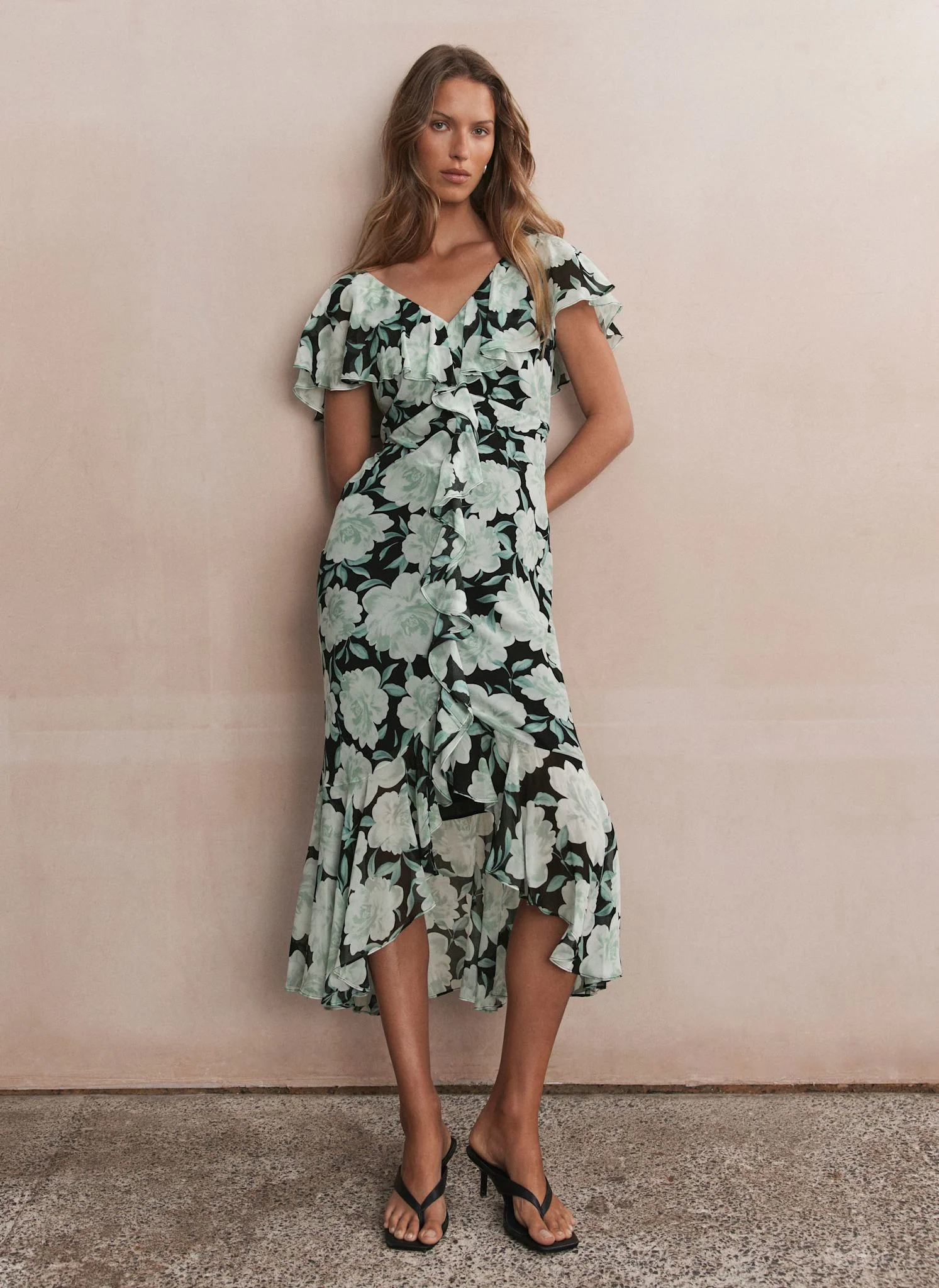 Green Floral Print Ruffle Maxi Dress