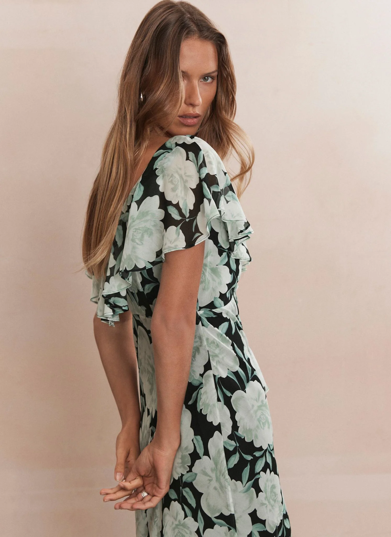 Green Floral Print Ruffle Maxi Dress