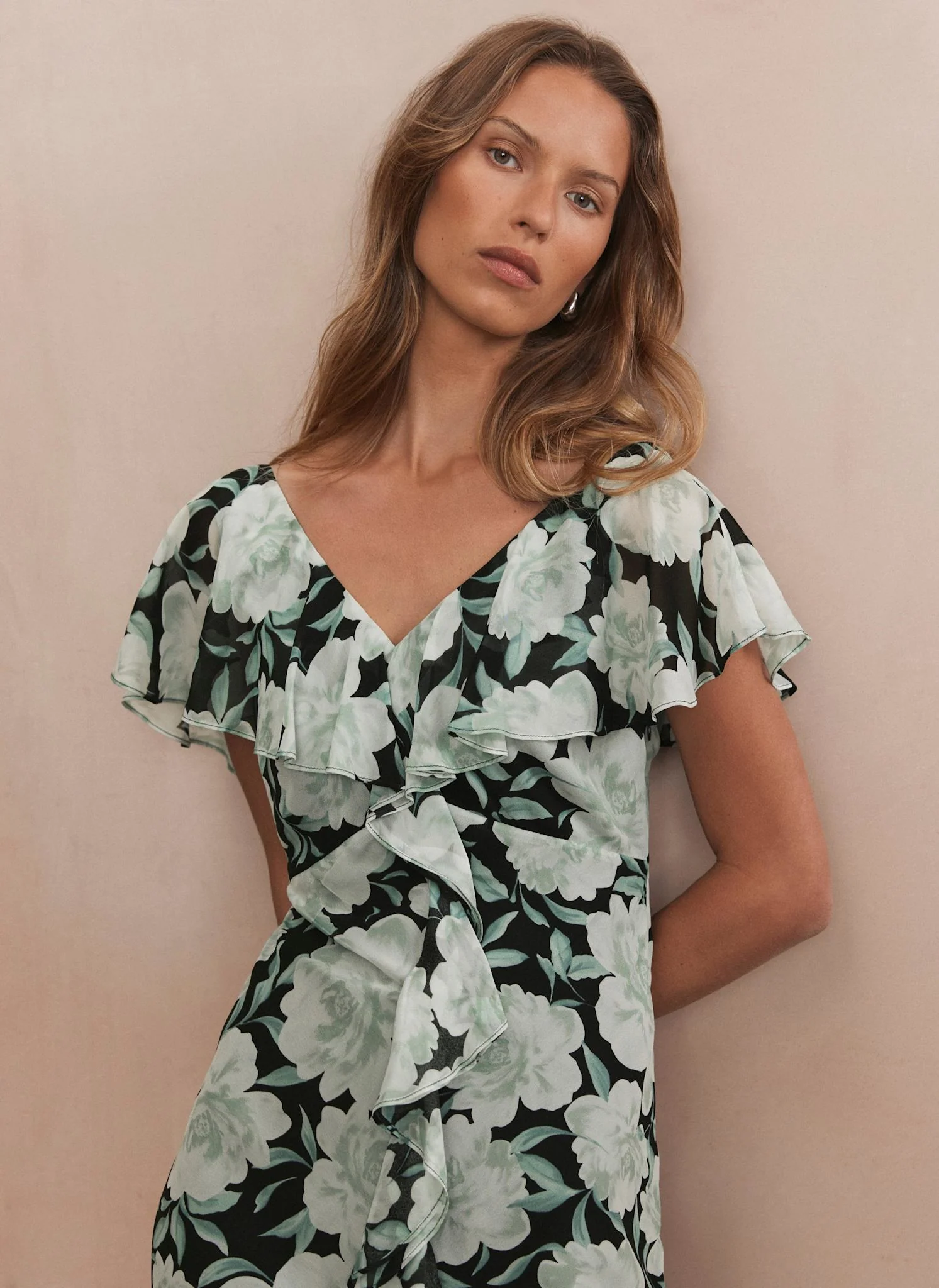 Green Floral Print Ruffle Maxi Dress
