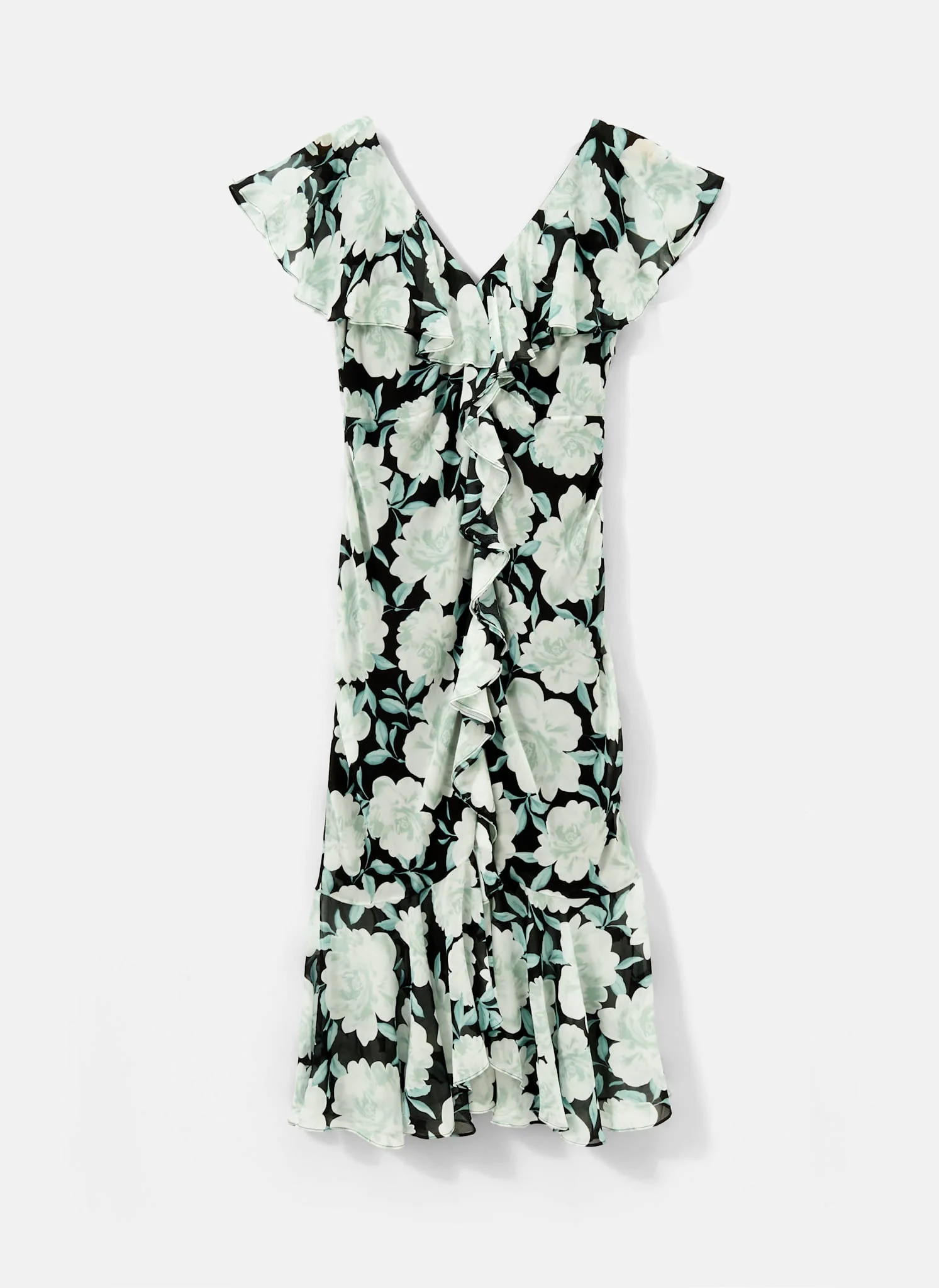 Green Floral Print Ruffle Maxi Dress