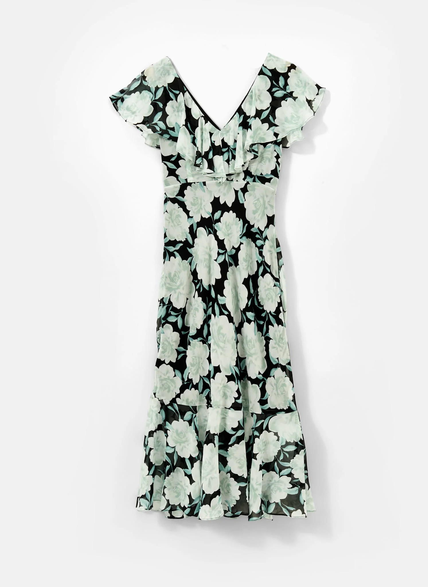 Green Floral Print Ruffle Maxi Dress