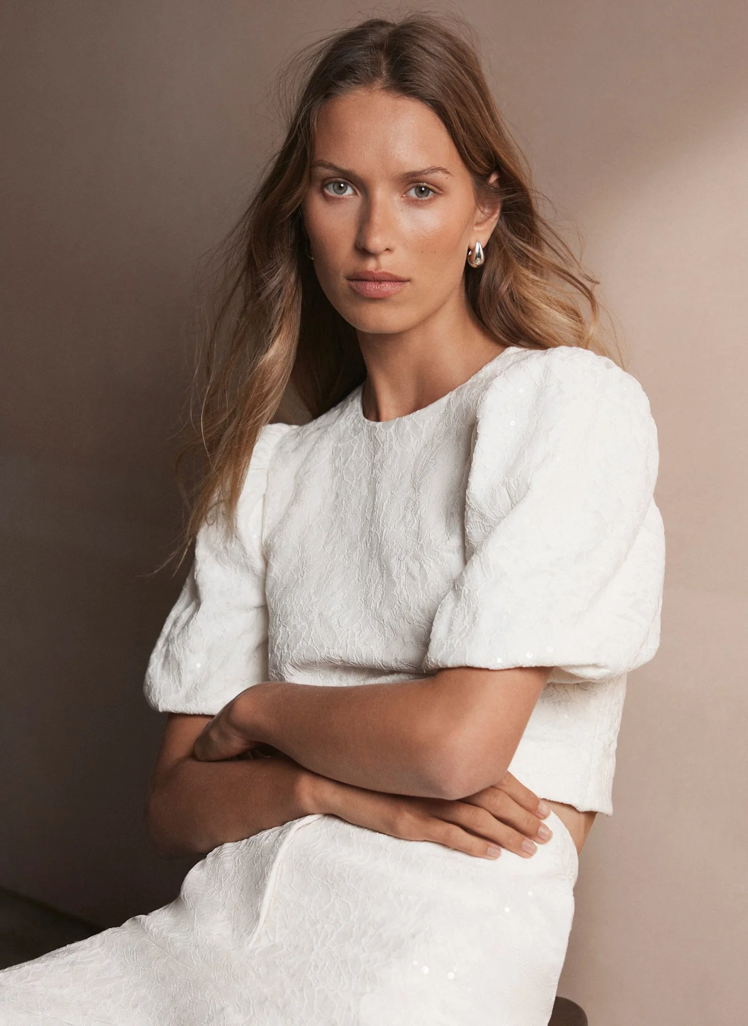 Cream Sequin Lace Puff Sleeve Top