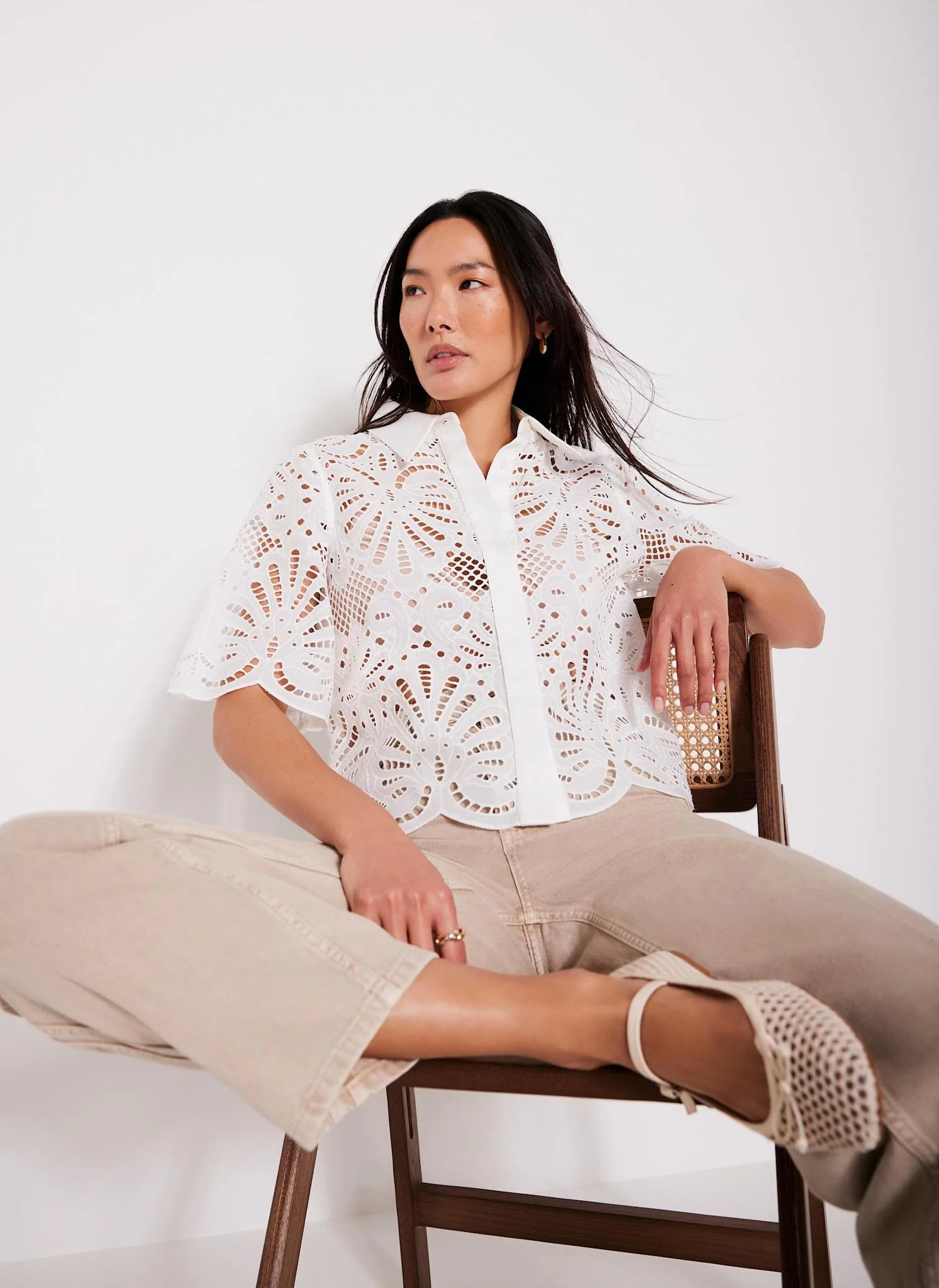 White Broderie Cropped Shirt
