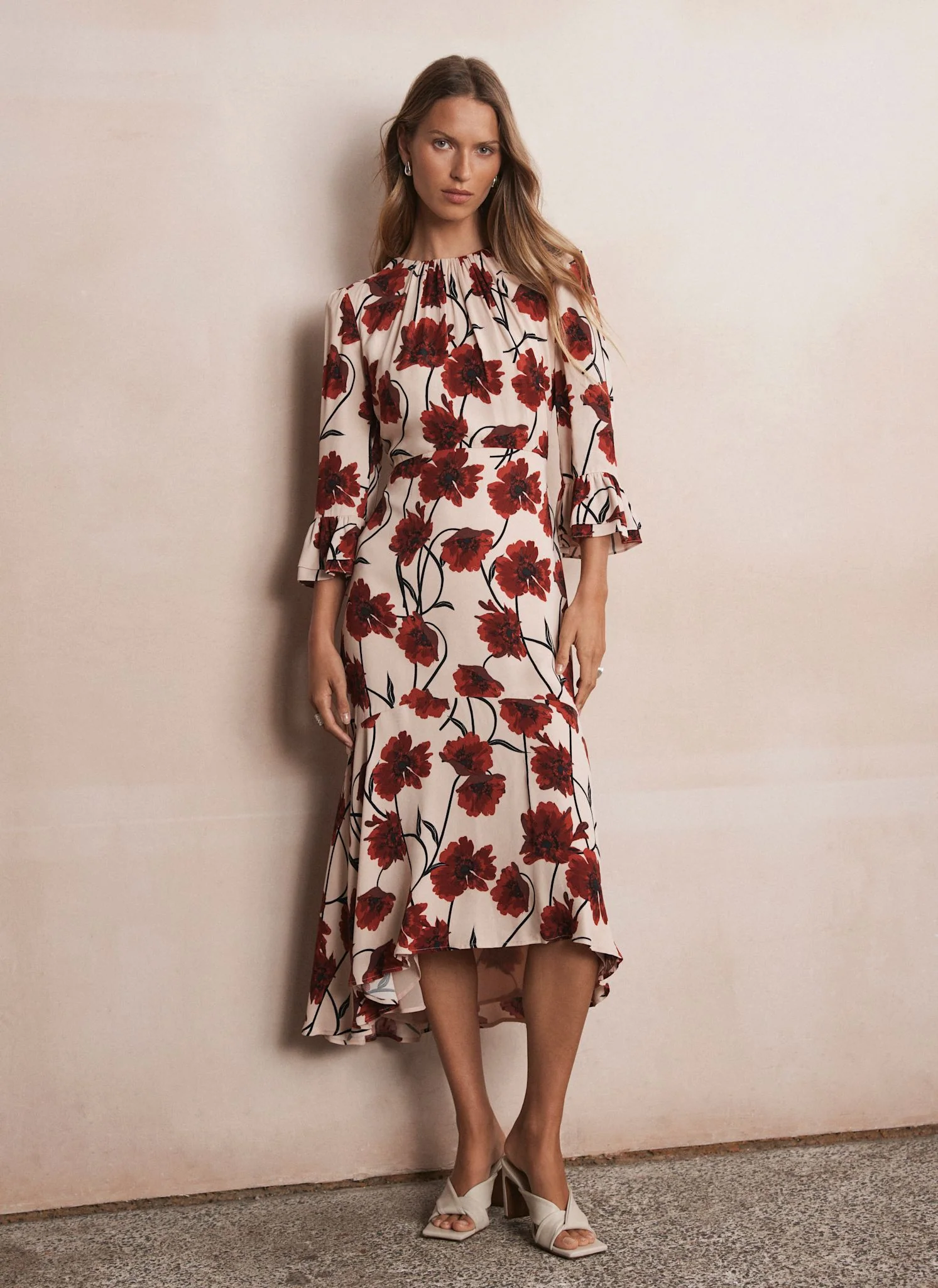 Neutral Floral Print Midi Dress