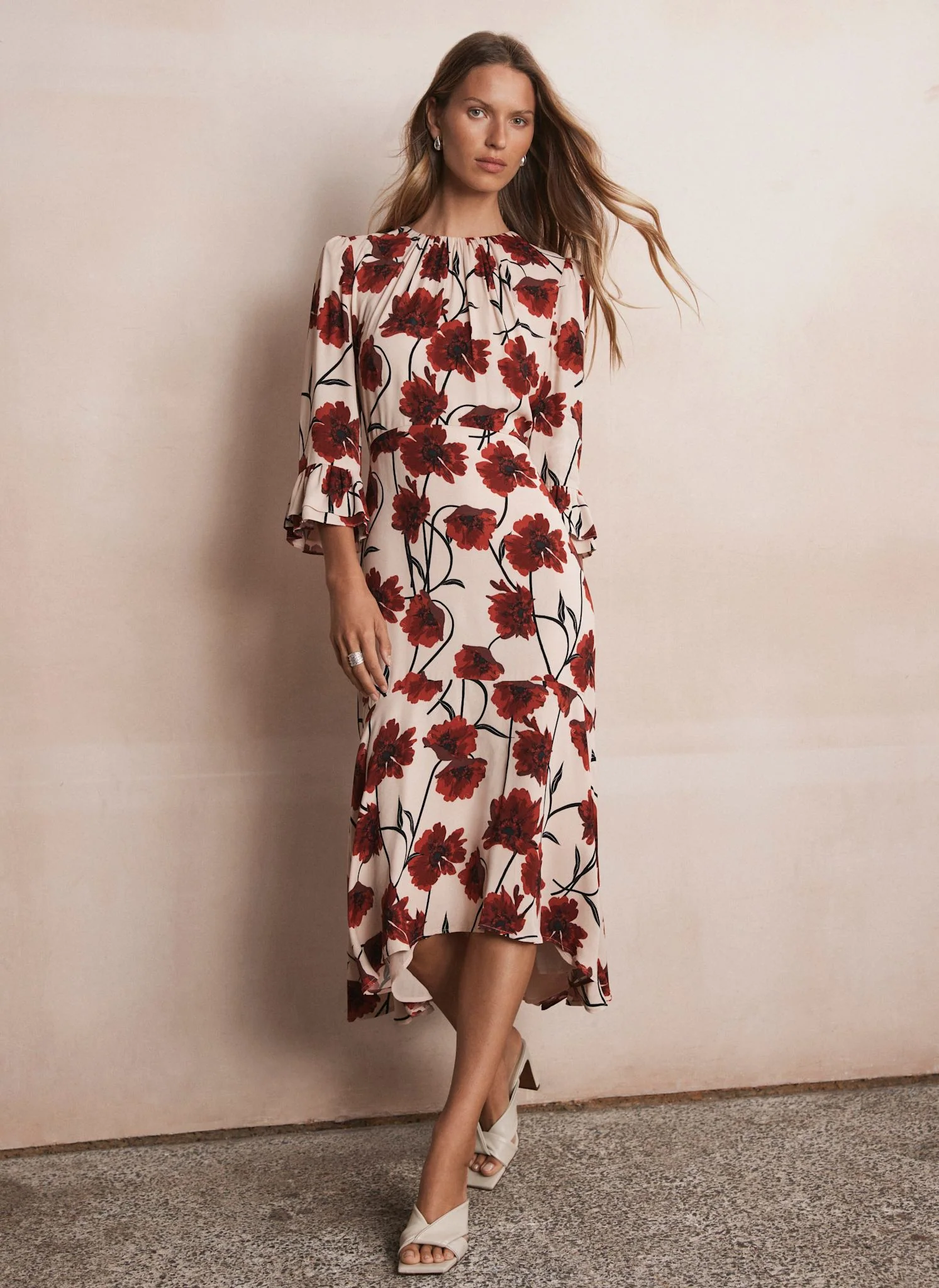 Neutral Floral Print Midi Dress