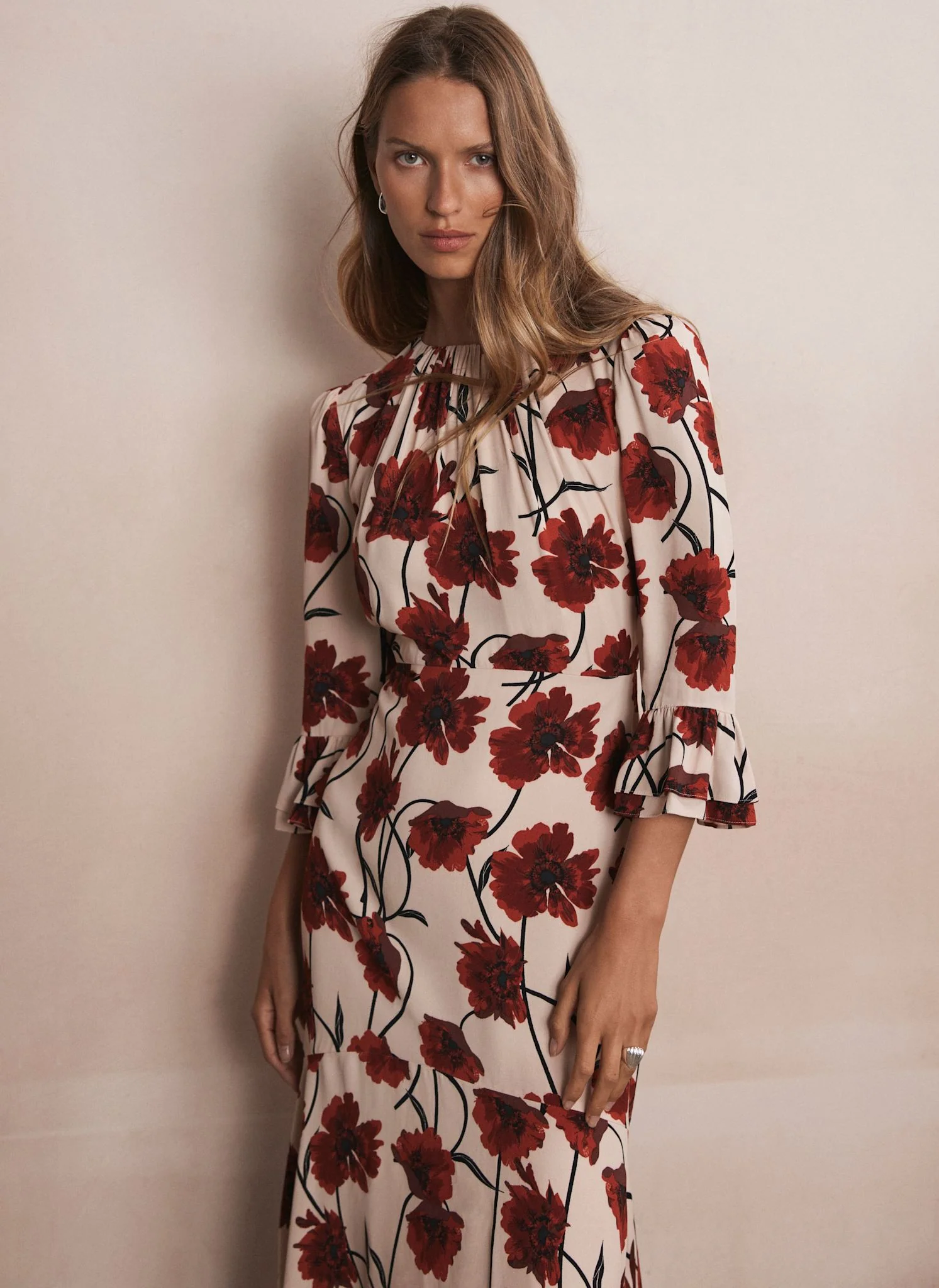 Neutral Floral Print Midi Dress