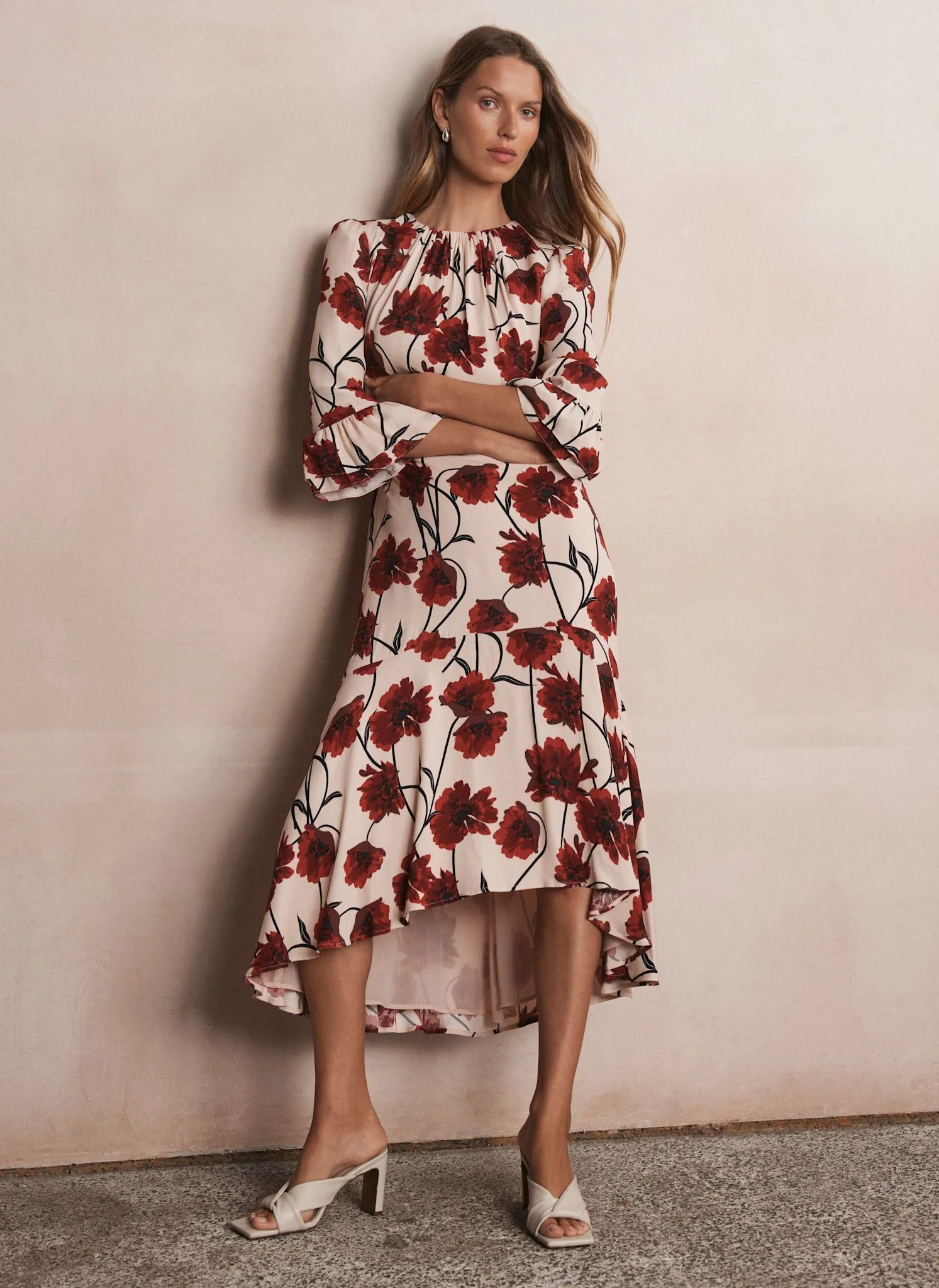 Neutral Floral Print Midi Dress
