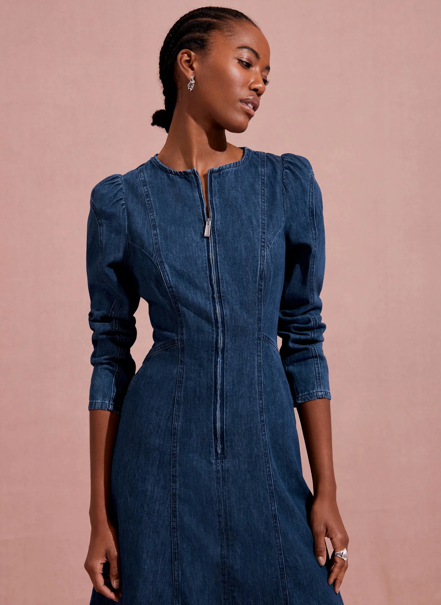 Indigo Puff Sleeve Denim Midi Dress