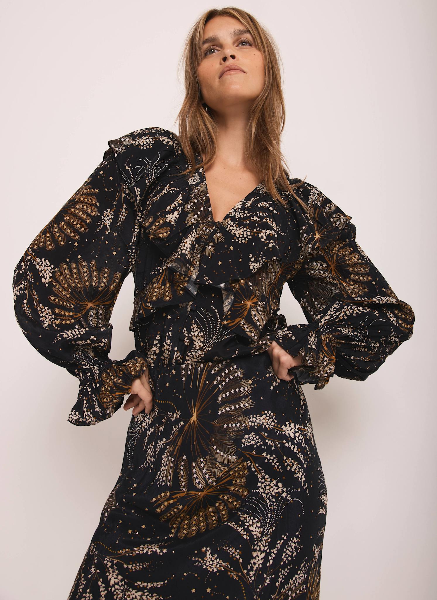 2561-navy-printed-ruffle-detail-blouse-5.jpg Navy Printed Ruffle Detail Blouse
