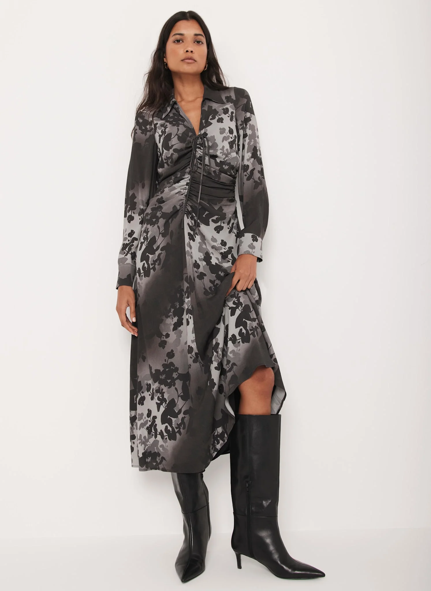 Black Floral Print Midi Dress