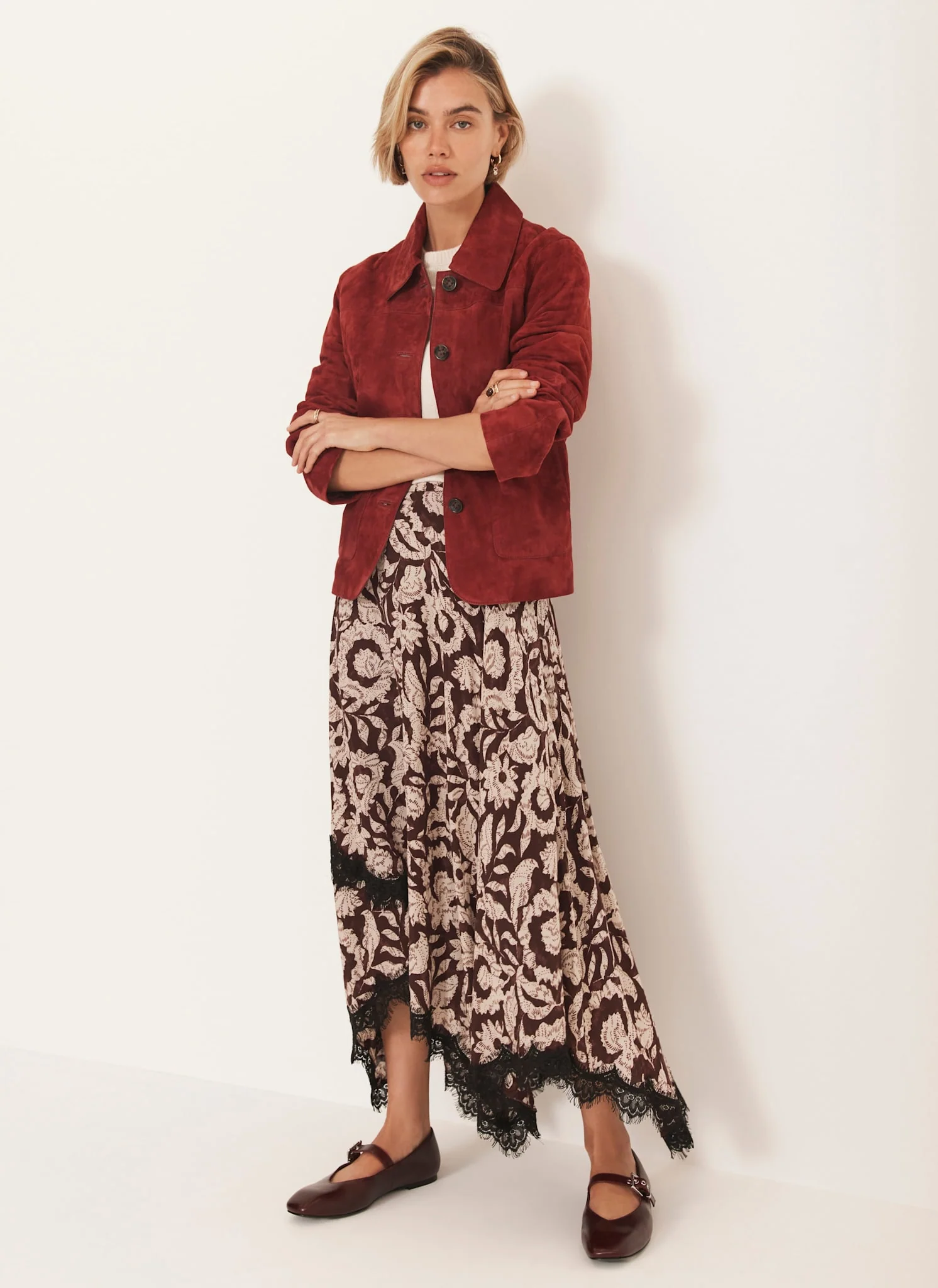 2729-burgundy-floral-print-lace-trim-skirt-1.webp Burgundy Floral Print Lace Trim Skirt
