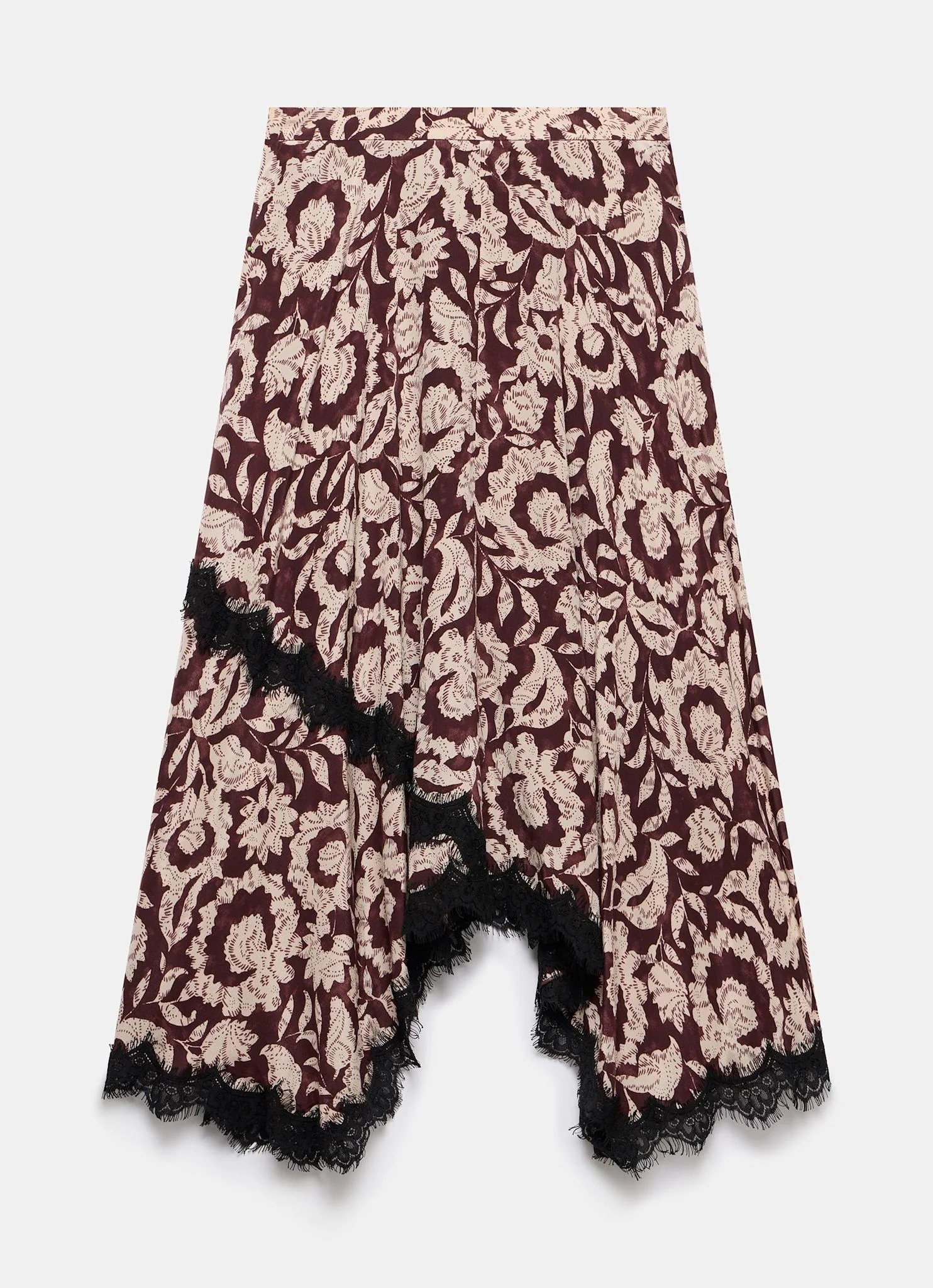 2729-burgundy-floral-print-lace-trim-skirt-7.webp Burgundy Floral Print Lace Trim Skirt