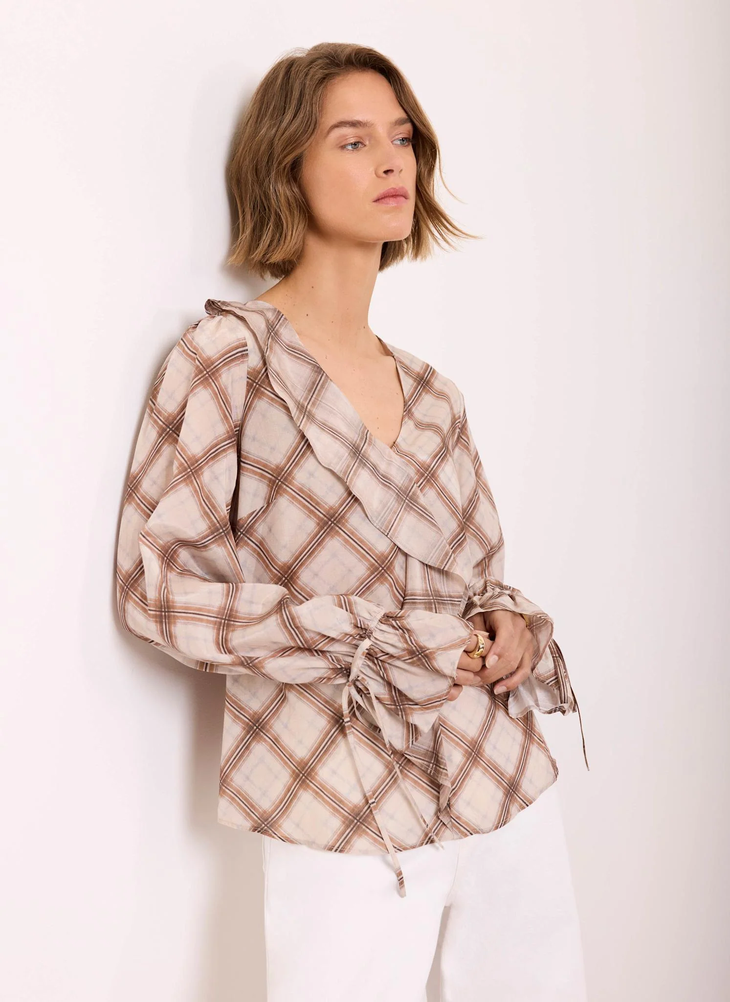 275-neutral-checked-print-ruffle-blouse-2.webp Neutral Checked Print Ruffle Blouse