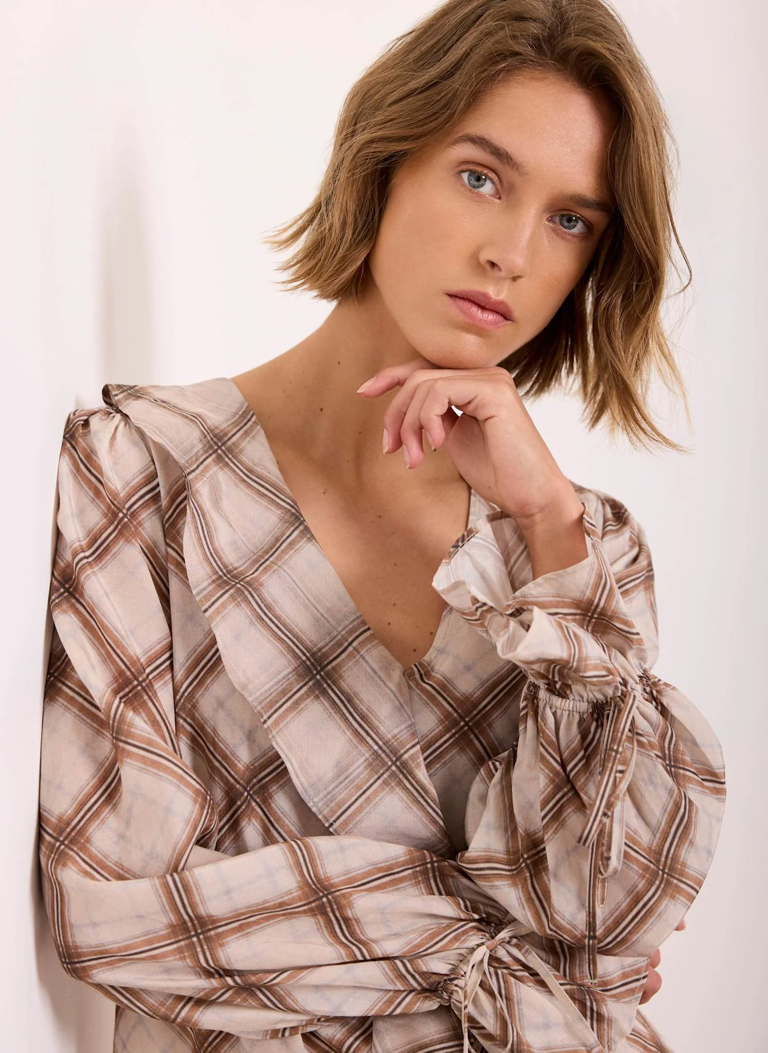 275-neutral-checked-print-ruffle-blouse-3.webp Neutral Checked Print Ruffle Blouse