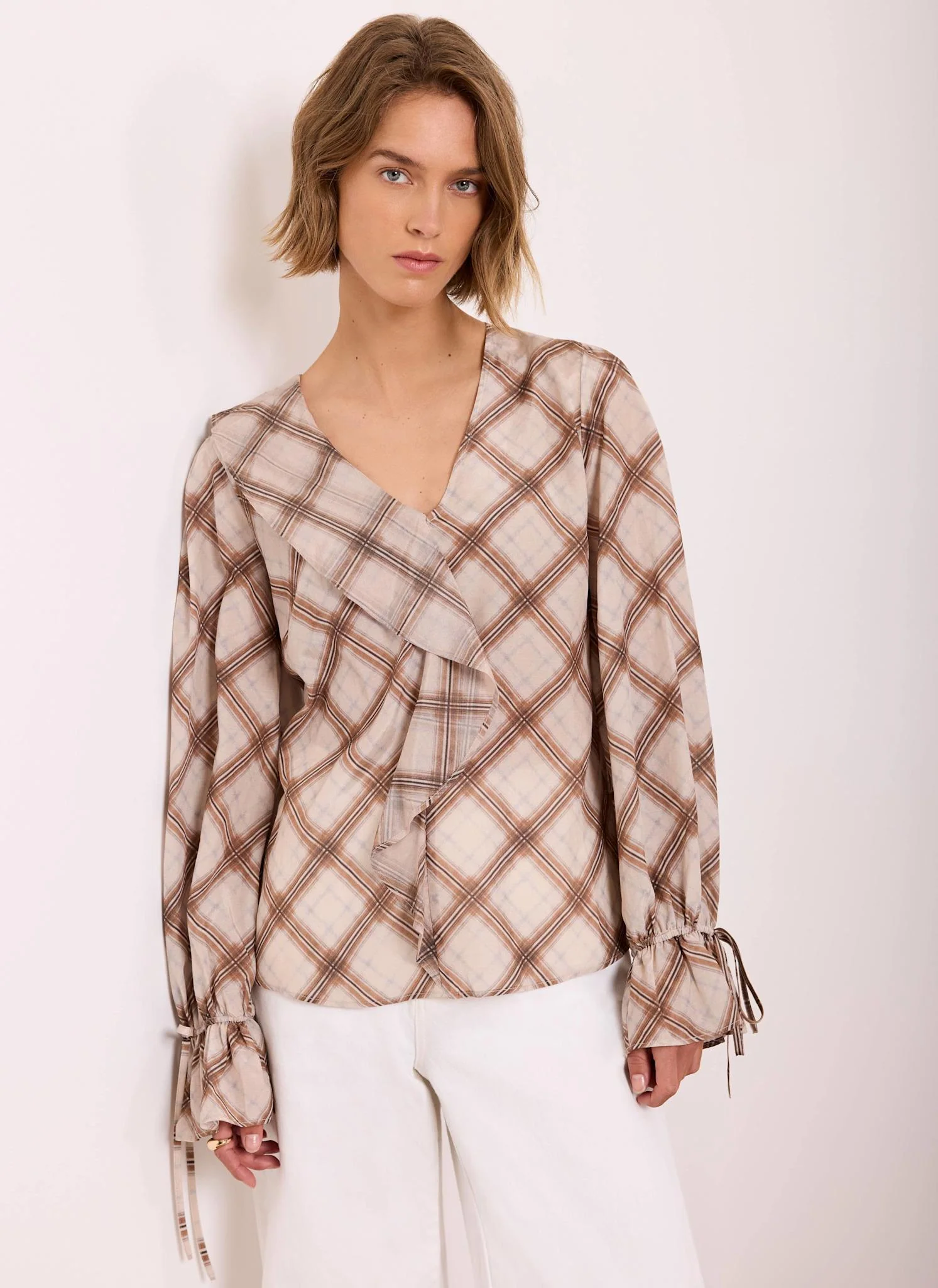 275-neutral-checked-print-ruffle-blouse-5.webp Neutral Checked Print Ruffle Blouse