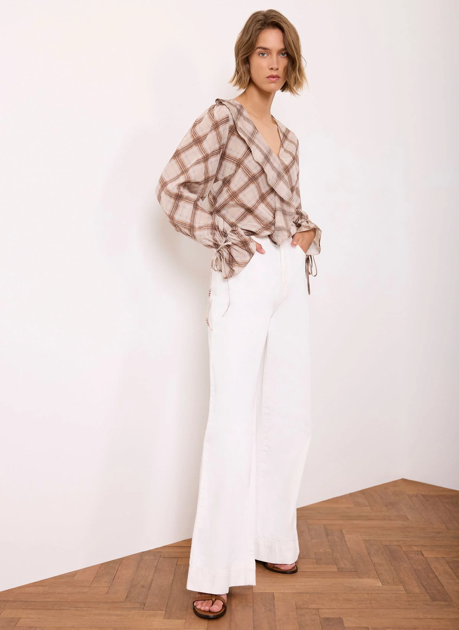 275-neutral-checked-print-ruffle-blouse-6.webp Neutral Checked Print Ruffle Blouse
