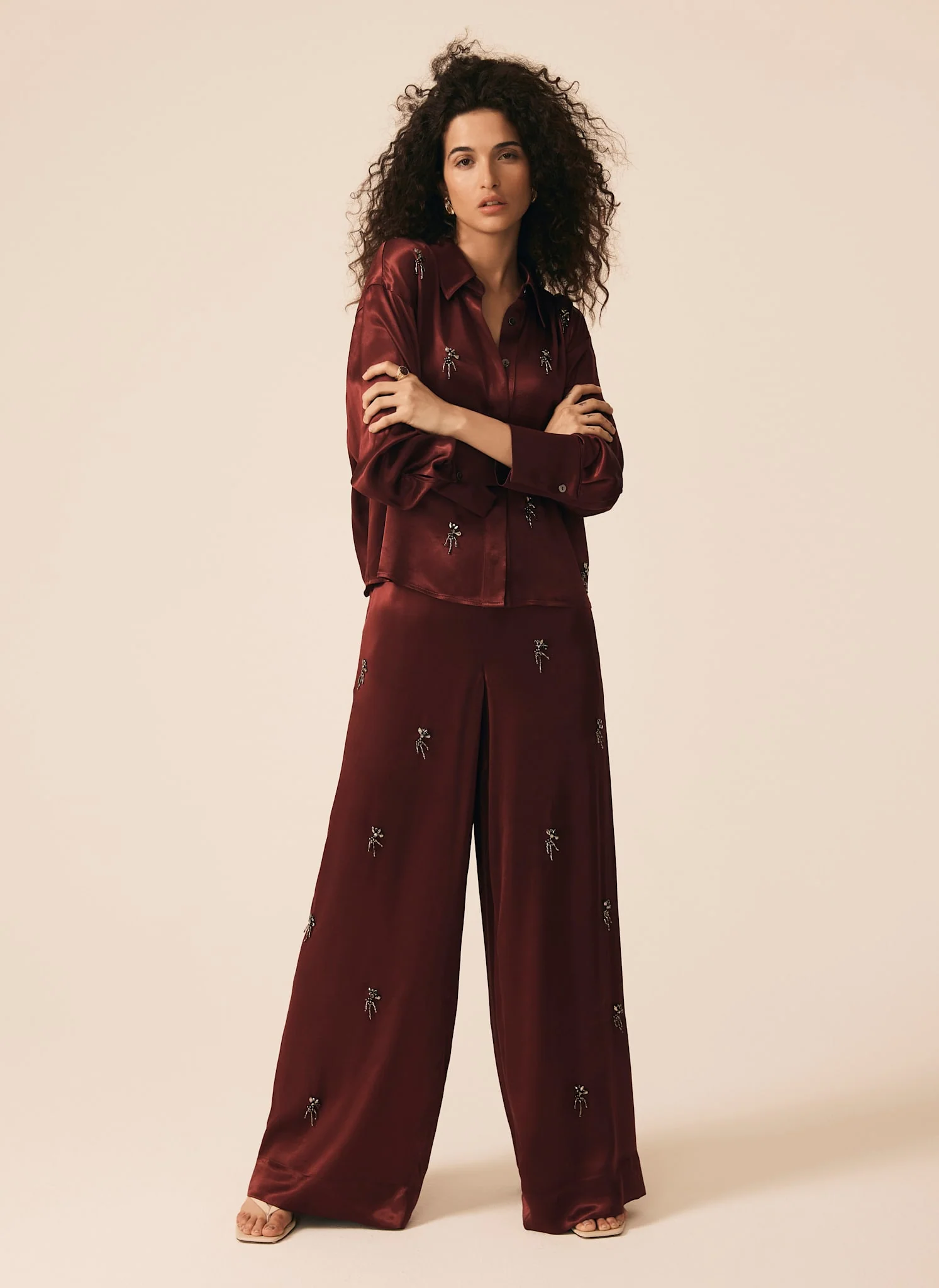 2761-burgundy-satin-embellished-wide-trousers-1.webp Burgundy Satin Embellished Wide Trousers