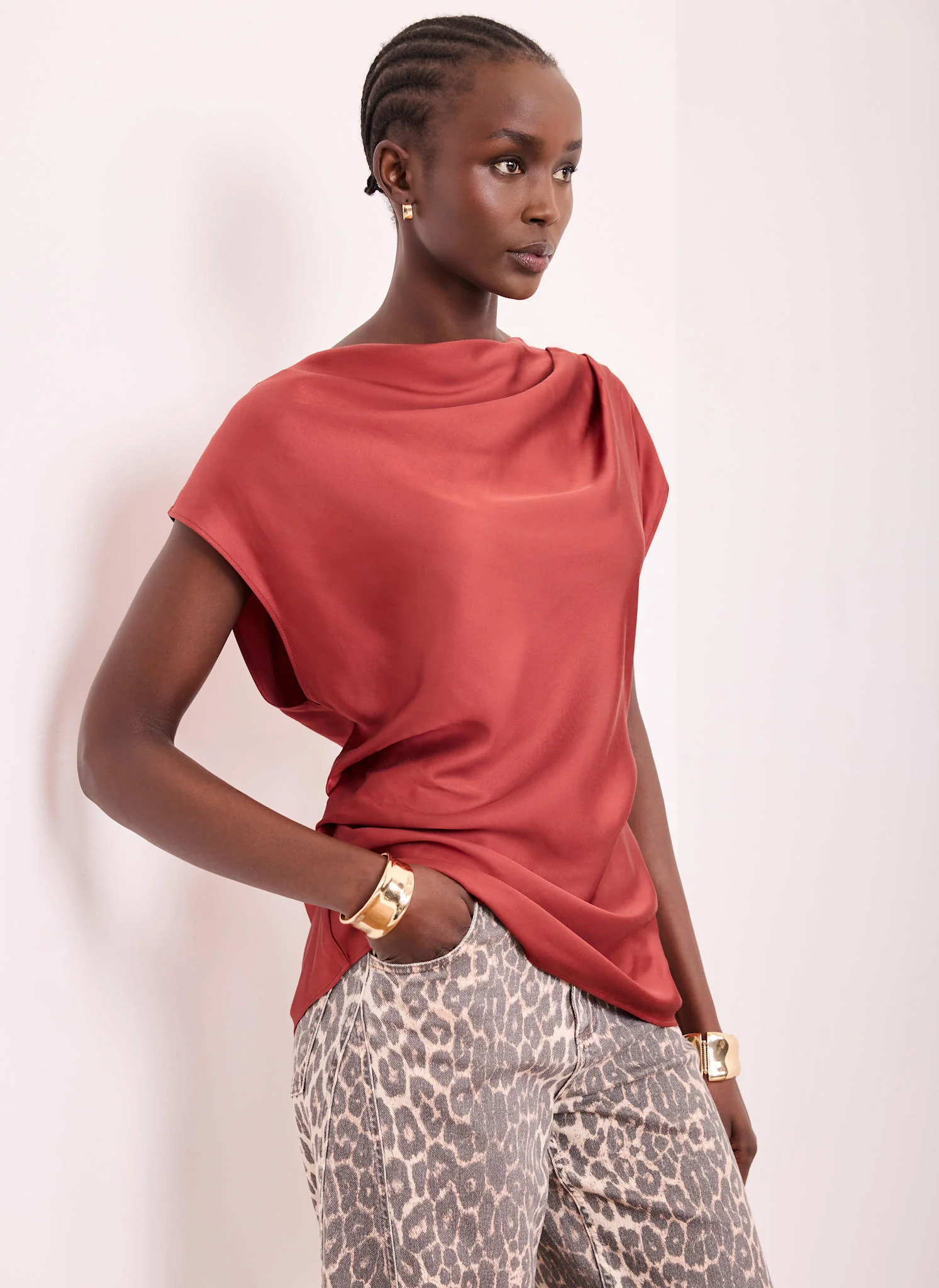 281-red-satin-ruched-asymmetric-top-2.webp Red Satin Ruched Asymmetric Top