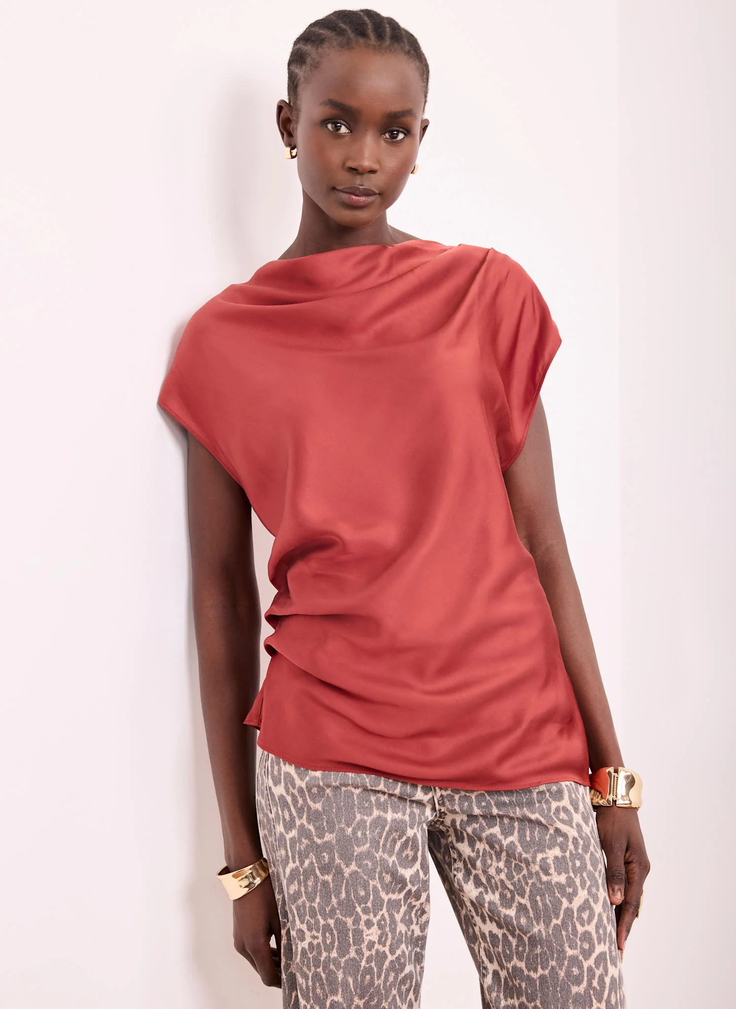 281-red-satin-ruched-asymmetric-top-3.webp Red Satin Ruched Asymmetric Top
