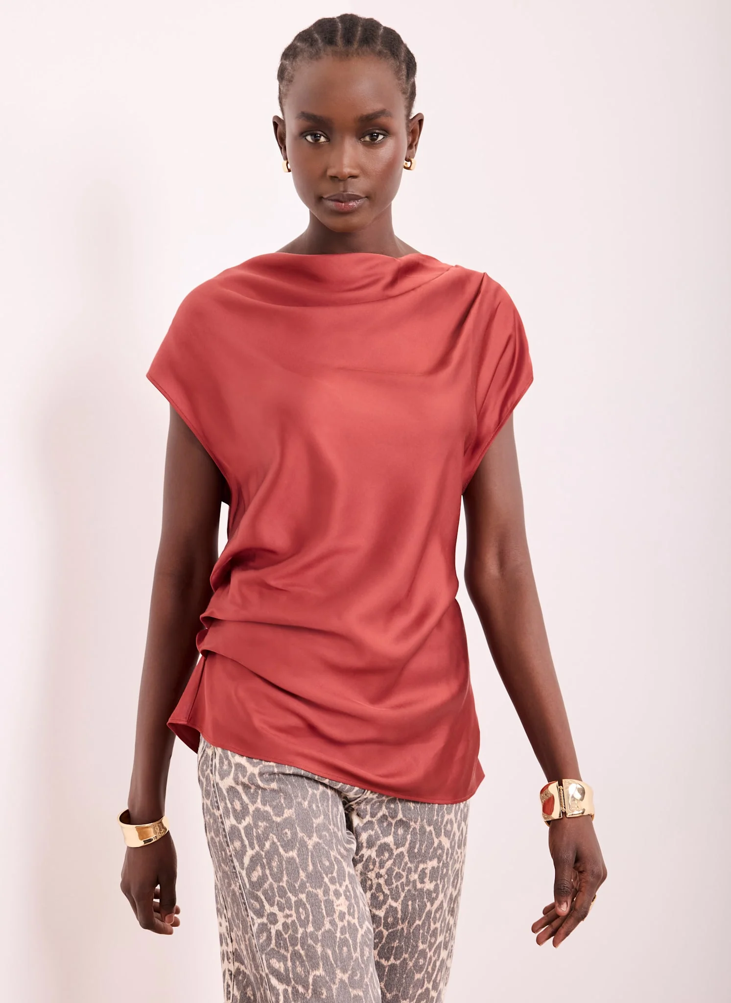 281-red-satin-ruched-asymmetric-top-6.webp Red Satin Ruched Asymmetric Top