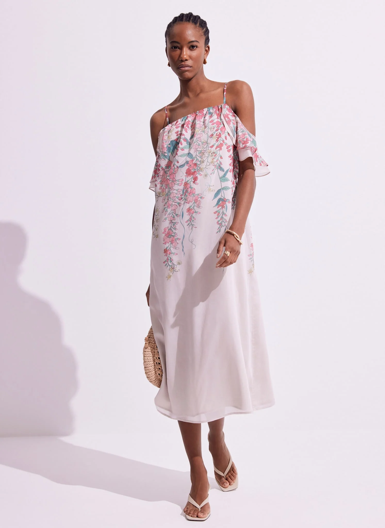 Pink Floral Print Midi Dress