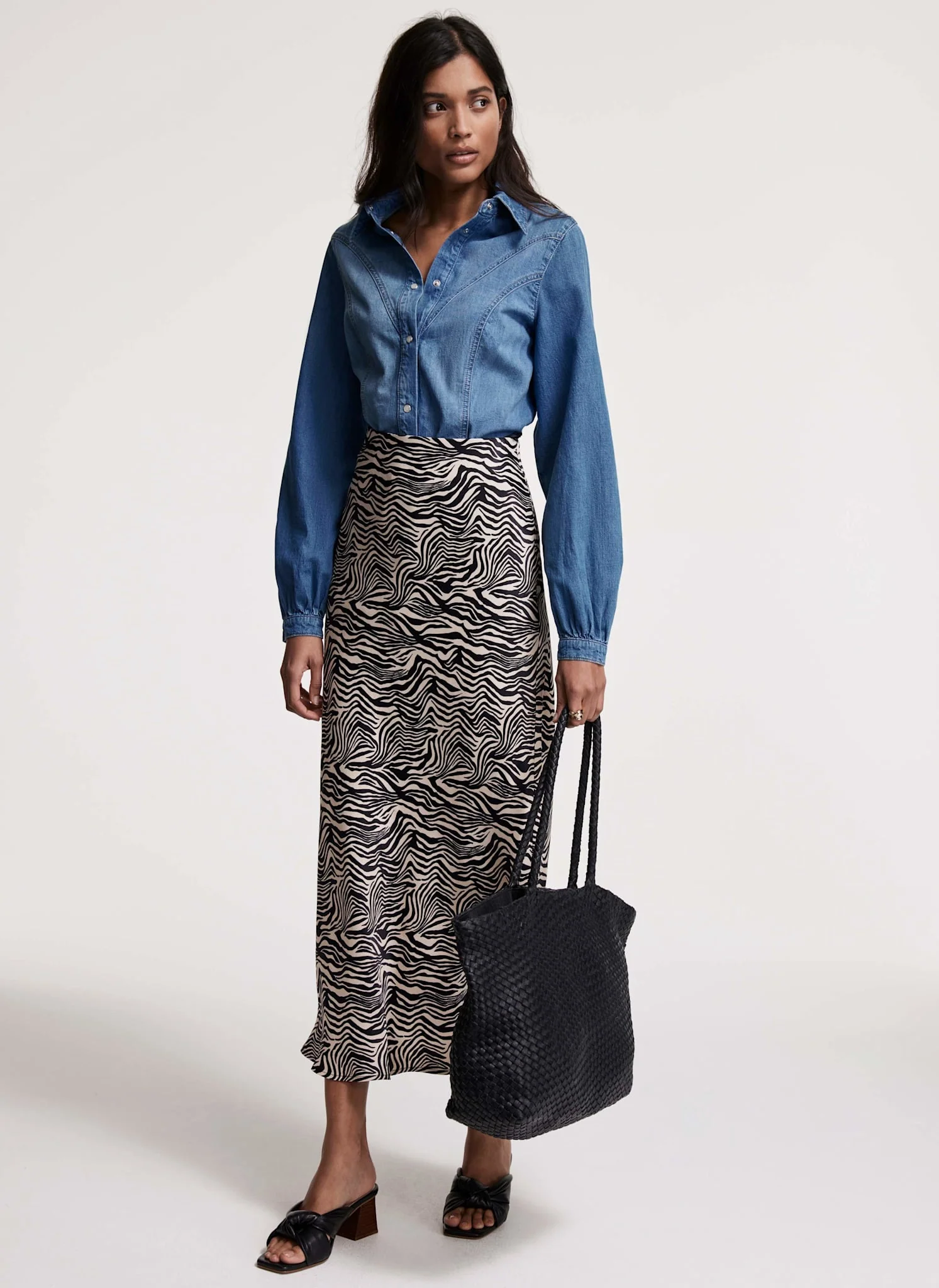 Zebra Print Satin Slip Midi Skirt