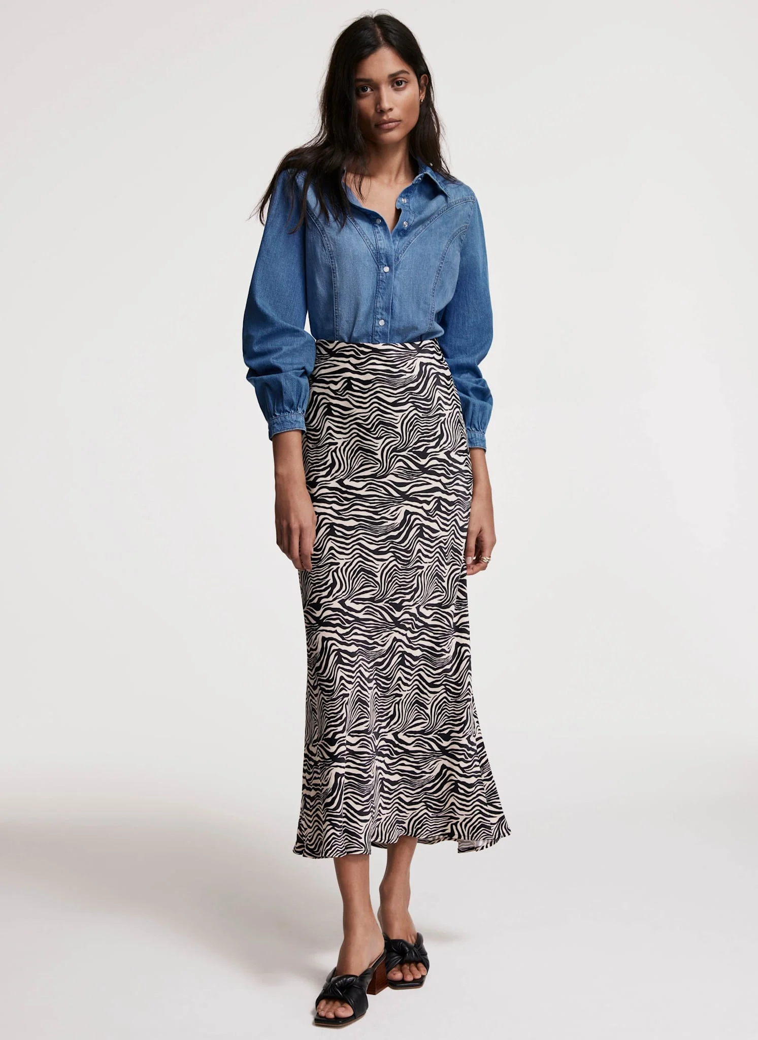 Zebra Print Satin Slip Midi Skirt