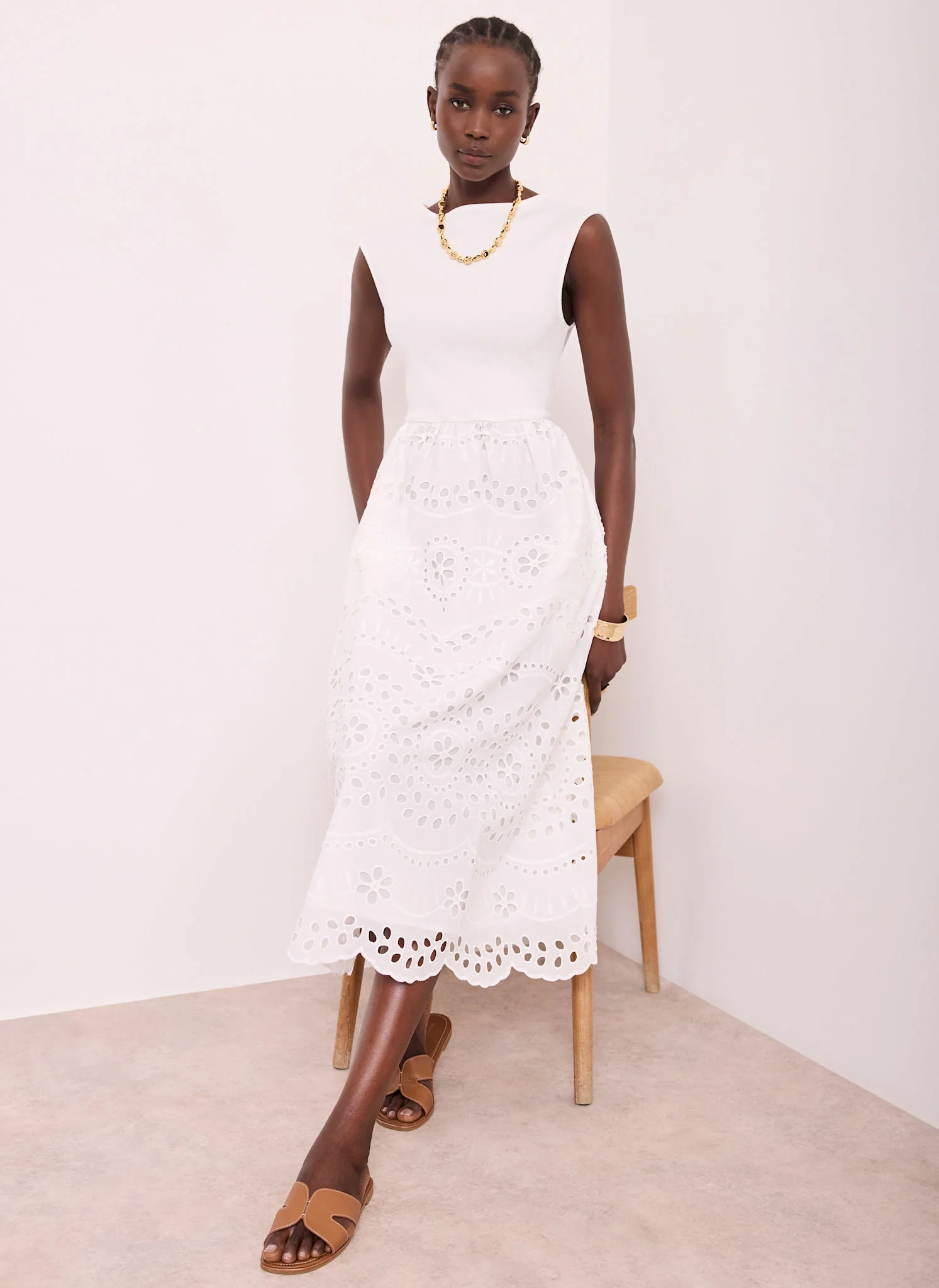 White Jersey Broderie Midi Dress