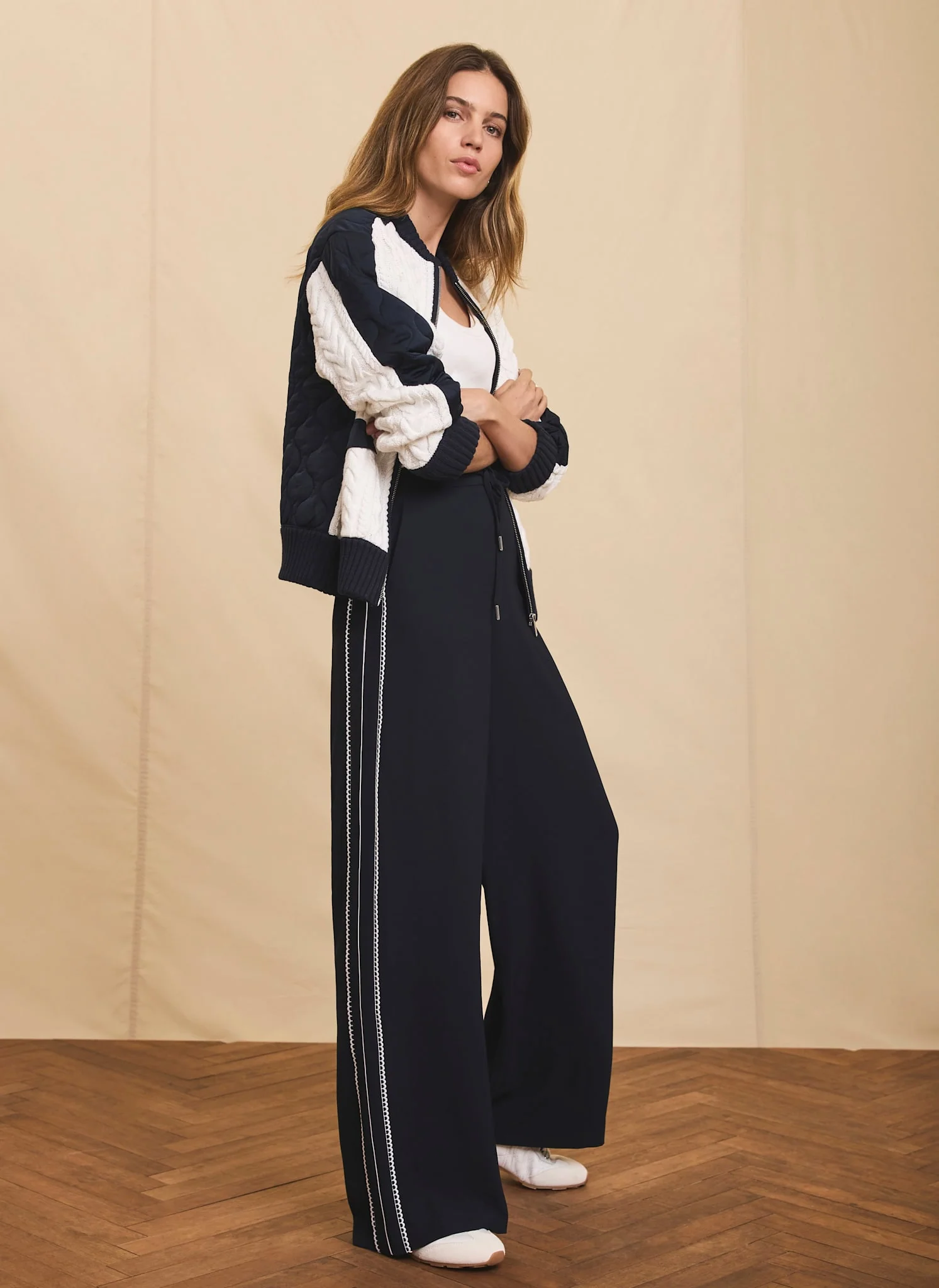 Navy Scallop Side Stripe Wide Trousers