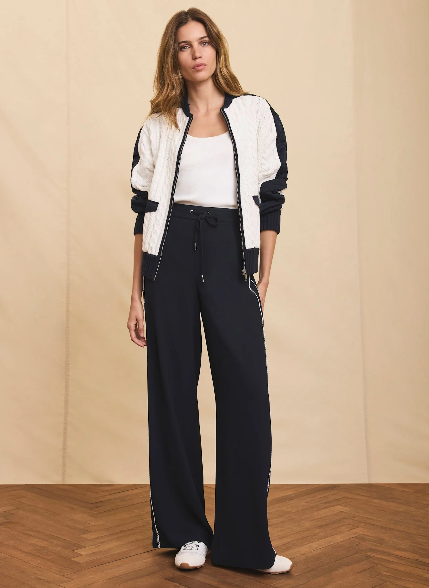 Navy Scallop Side Stripe Wide Trousers