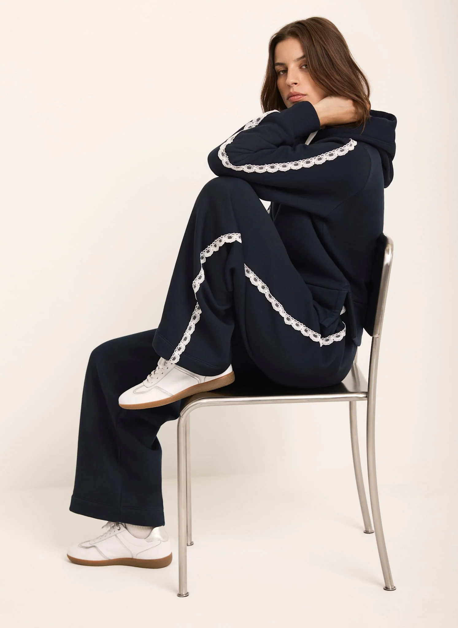 Navy Jersey Crochet Trim Wide Joggers