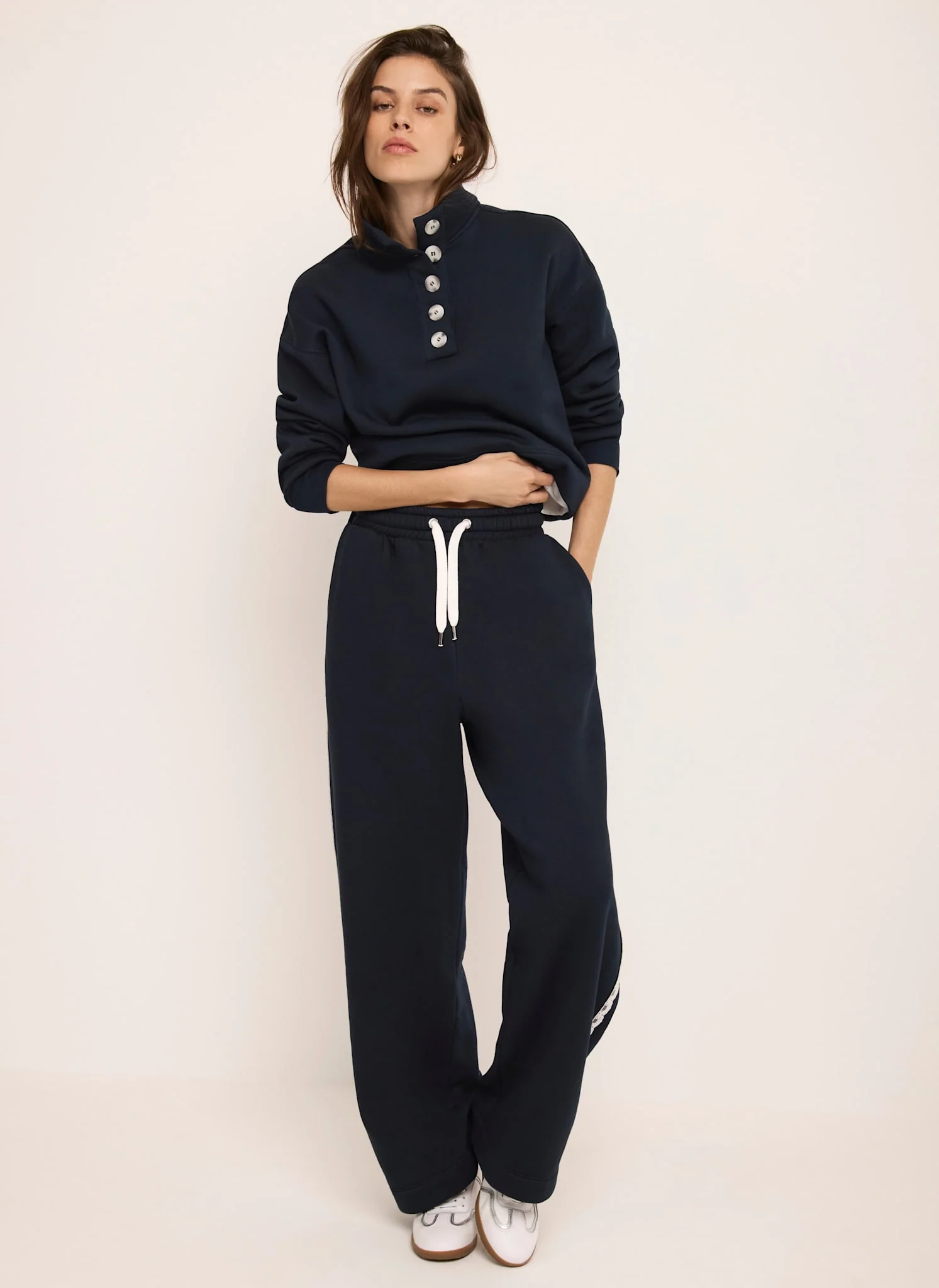 Navy Jersey Crochet Trim Wide Joggers