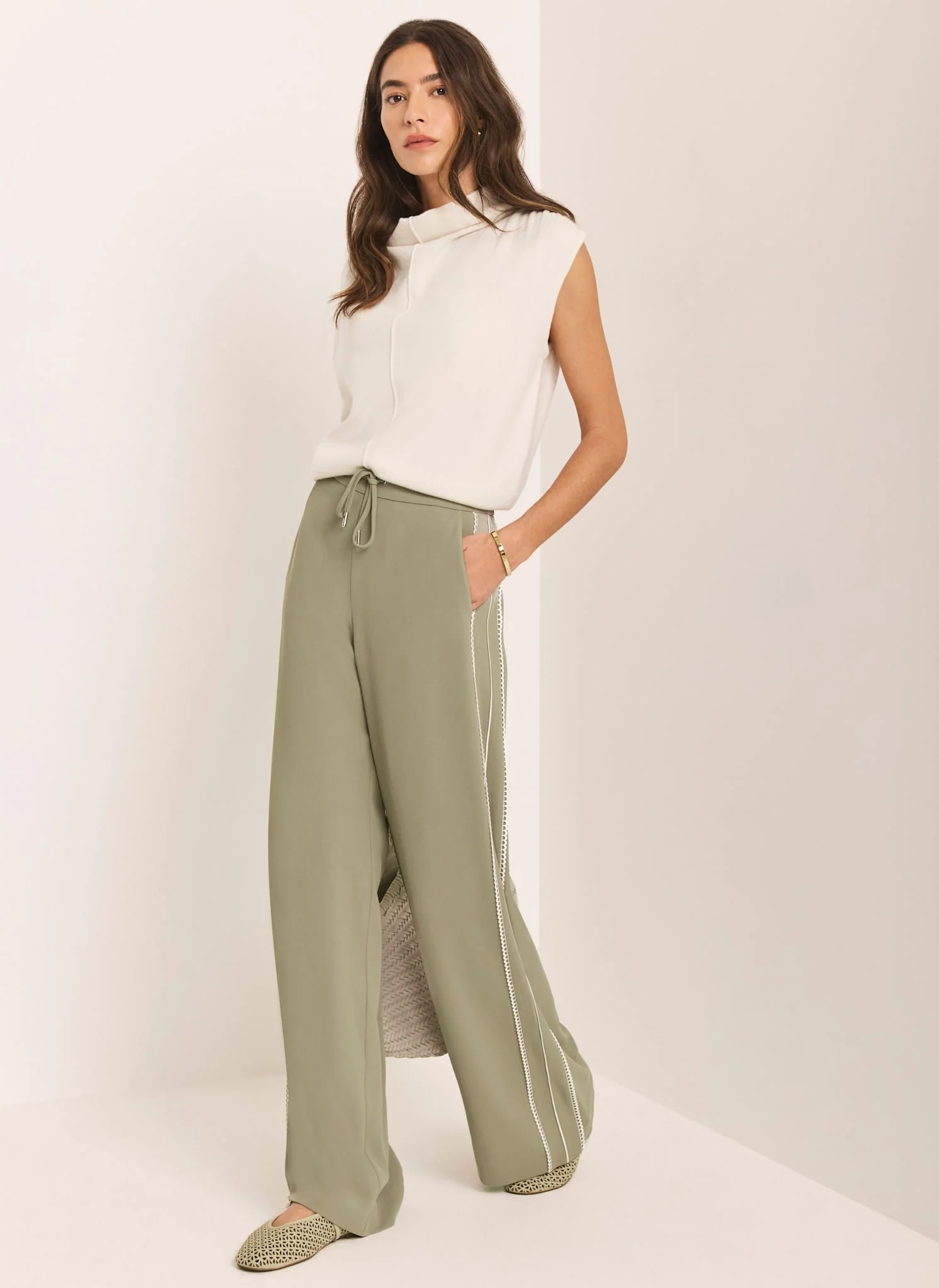 Khaki Scallop Side Stripe Wide Trousers
