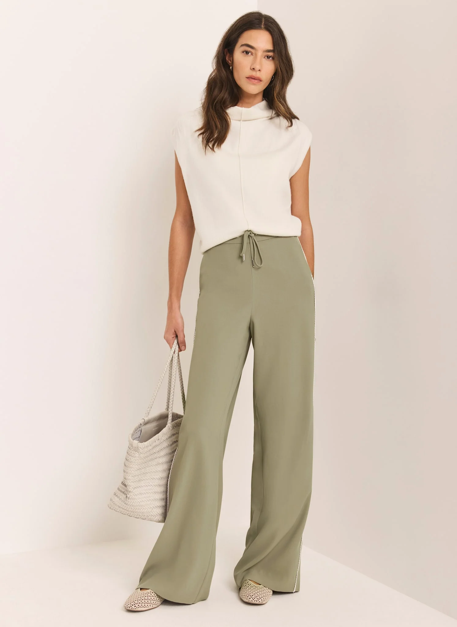 Khaki Scallop Side Stripe Wide Trousers
