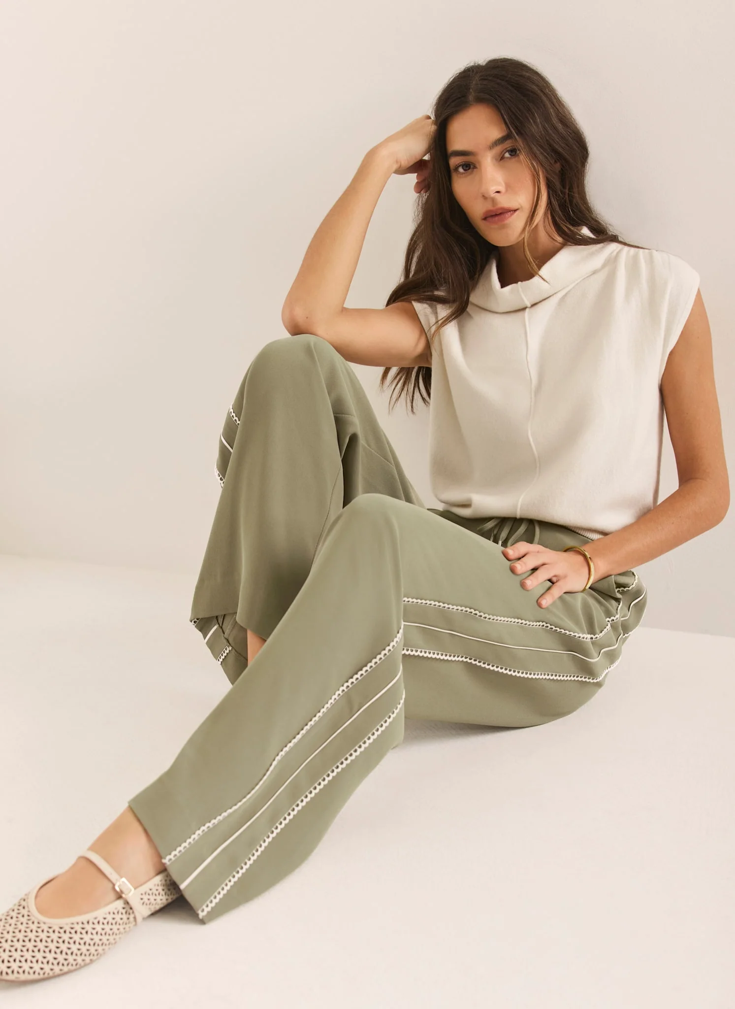 Khaki Scallop Side Stripe Wide Trousers