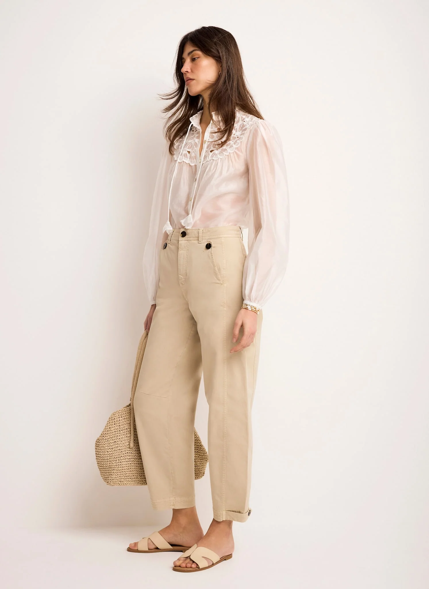 Neutral Washed Barrel Leg Chino Trousers